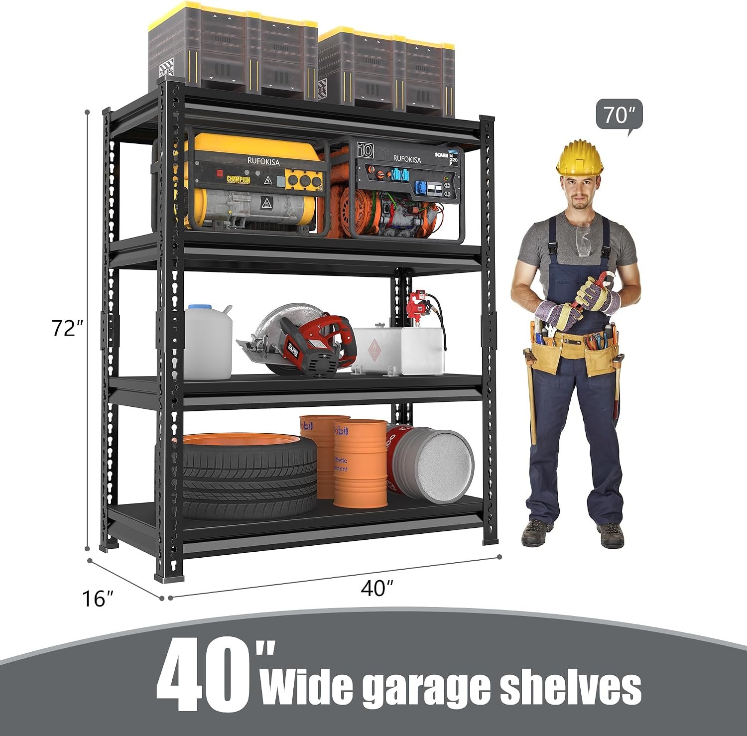 40" W Garage Shelving Heavy Duty,1800LBS Loads Metal Shelving Units and Storage,4-Tier Garage Storage Shelves Heavy Duty, Industrial Utility Shelves,40”W x 16”D x 72”H(Black) - Image 3