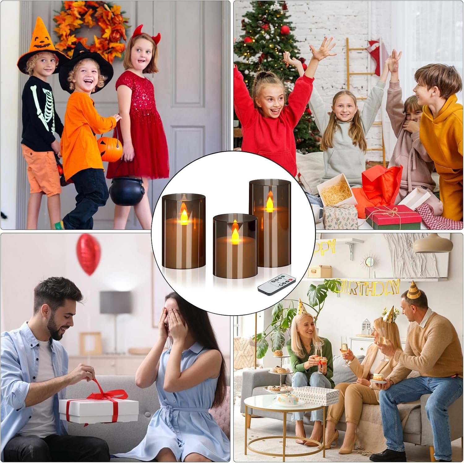 wemarry Flameless Candles 4" 5" 6" Acrylic Glass Pillars 3" Diameter Battery Operated Flickering Candles Include 8-Key Remote with Timer Function 400+ Hours (Gray, Warm Light 3 Pack) - Image 3