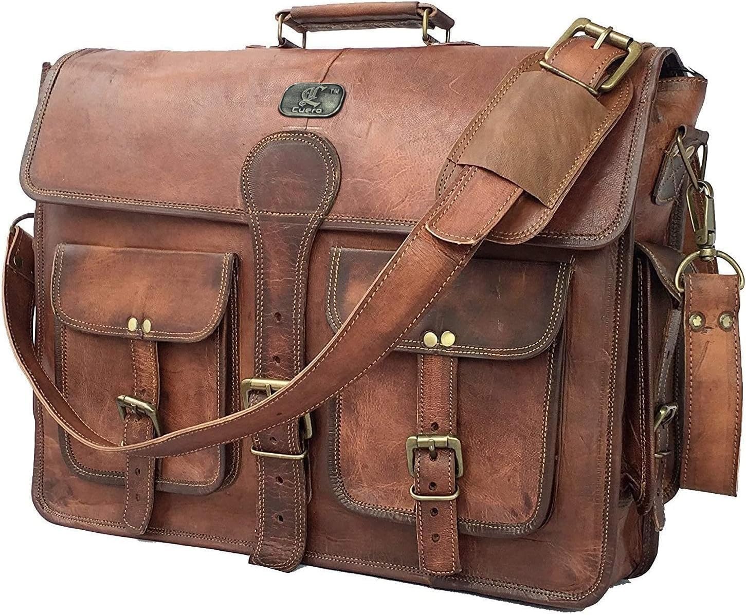 cuero Leather Messenger Bag for Men, 18 Inch Laptop Crossbody, Handmade Leather Shoulder Satchel Bag for Men, Full Grain Business Briefcase for Office/Work/Travel - Vintage Brown