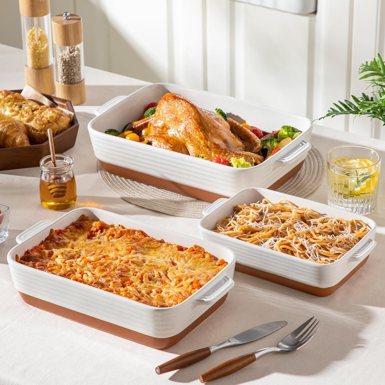 MALACASA Casserole Dishes for Oven, Ceramic Baking Dishes Set of 3, Baking Pan Casserole Dish Set, Rectangular Lasagna Pan Deep with Handles for Baking, Khaki White (14.5''/13''/10.5''), Series TARA - Image 6