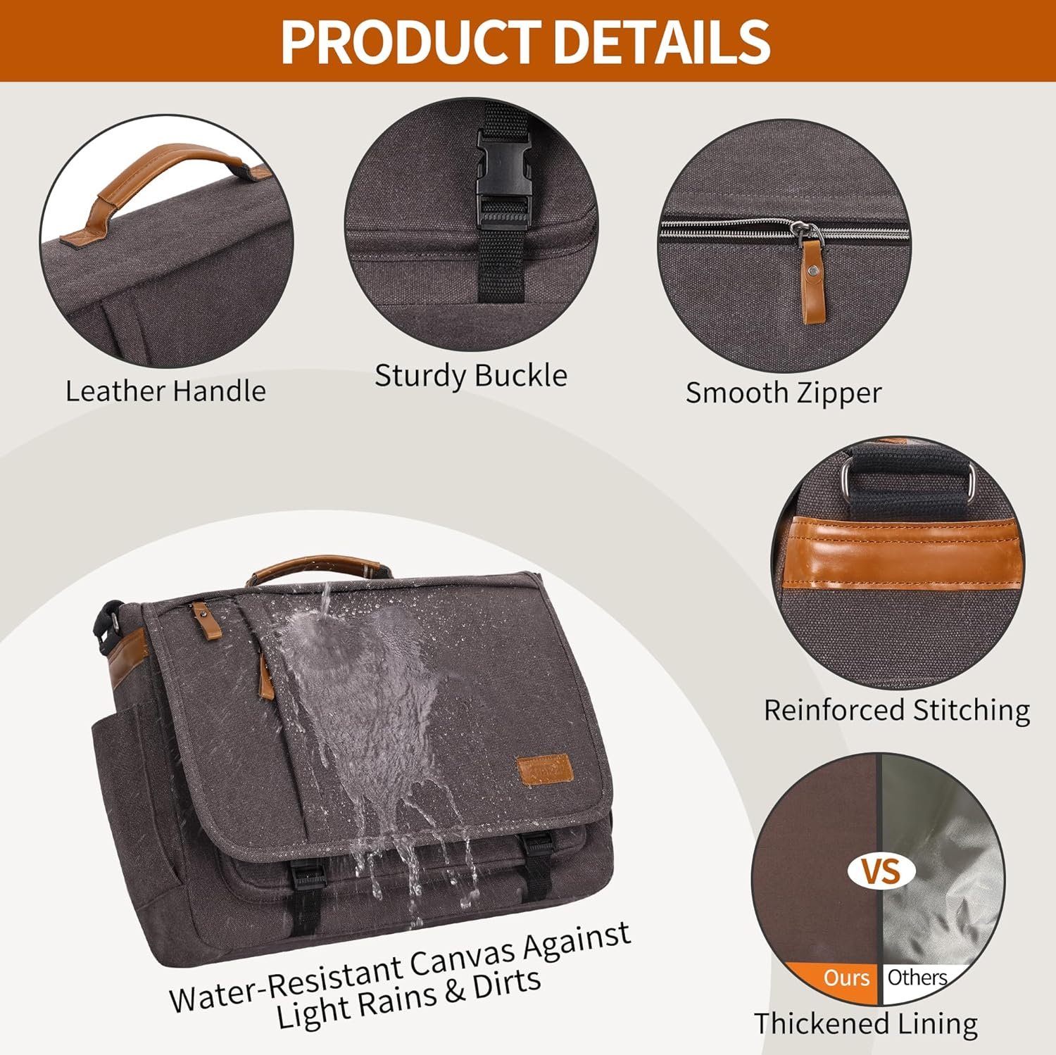 ESTARER Men Messenger Bag 17-17.3 Inch Laptop Bag Water-resistant Canvas Computer Shoulder Bag Briefcase for Work College Travel, Grey - Image 7