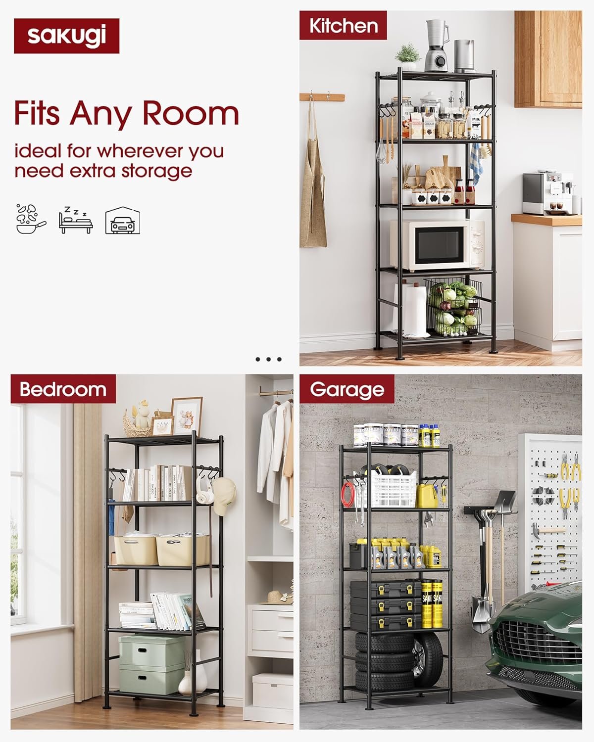 Sakugi 5-Tier Storage Rack Organizer with Hooks, Heavy Duty Metal Garage Rack with Leveling Feet, Freestanding Utility Rack for Bedroom, Balcony and Garage, 18.1"×12.4"×56.8", Black - Image 4