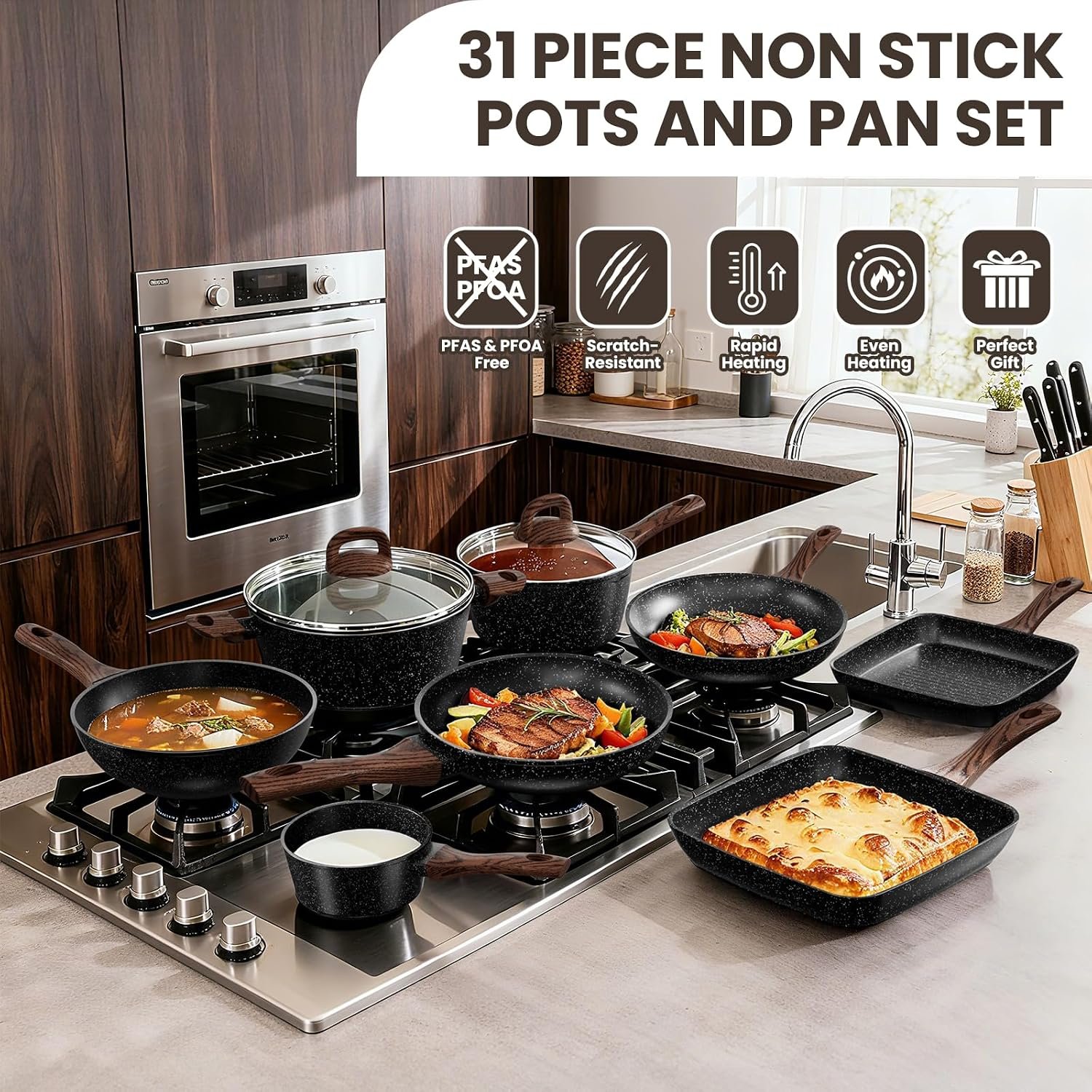 Pots and Pans Set Non Stick, 31 Piece Kitchen Induction Cookware & Bakeware Set, Nonstick Kitchen Cooking Pans Set with Frying Pans Set Grill Pan Saucepan Baking Sheet & Utensils, PFOA Free - Image 5