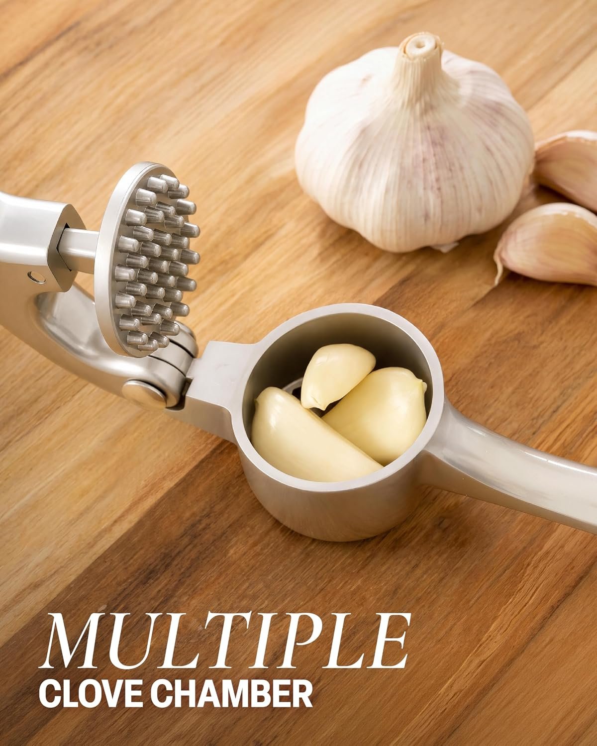 Zulay Kitchen Premium Garlic Press Set - Rust Proof Professional Garlic Mincer Tool - Easy-Squeeze, Easy-Clean with Soft, Ergonomic Handle - Silicone Garlic Peeler & Brush (Silver) - Image 4
