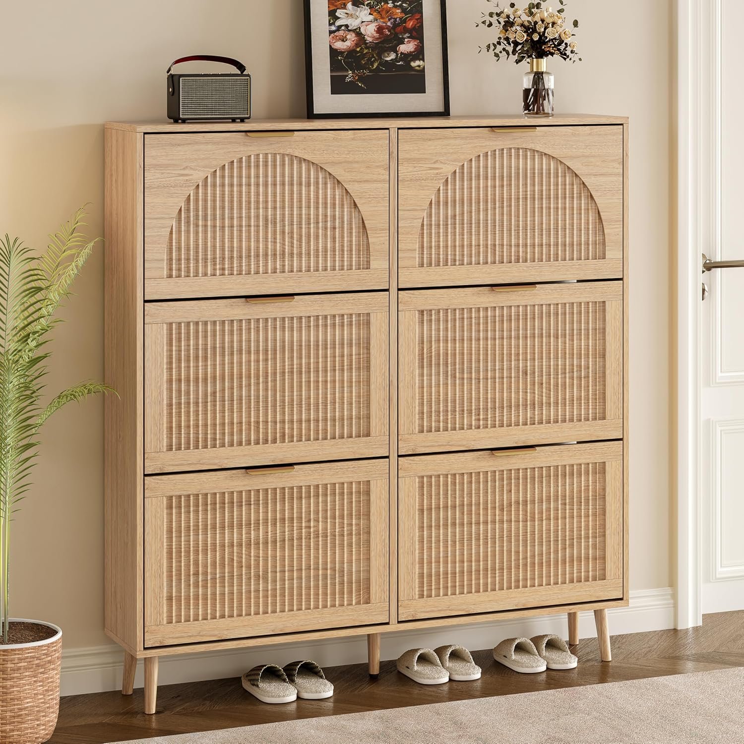 BORNOON Shoe Cabinet for Entryway with 6 Flip Drawers, Slim Wooden Shoe Storage Organizer with Modern Fluted Pannel,Freestanding Narrow Hidden Shoe Rack for Hallway, Foyer, Living Room