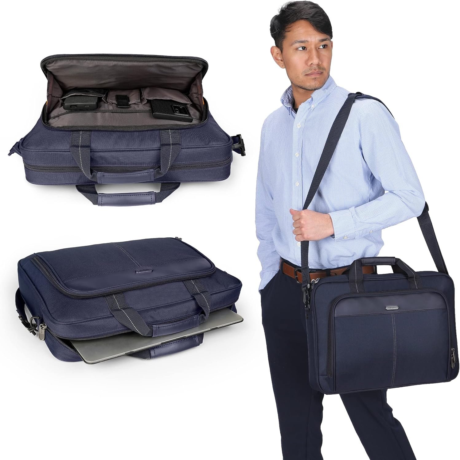 Targus 15-16 Inch Classic Slim Laptop Bag, Blue - Ergonomic Briefcase and Messenger Bag - Spacious Foam Padded Laptop Bag for 16" Laptops and Under (TCT027US) - Image 7
