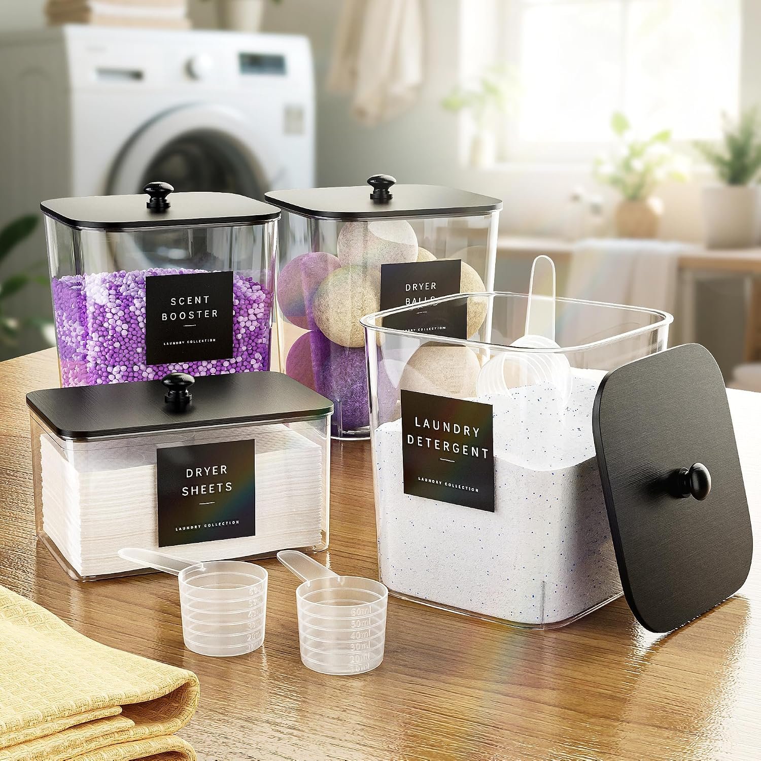 4 Pack Laundry Pods Container, Clear Laundry Room Organization Containers Essentials, Large Detergent Powder Storage Containers Black Wooden Lids & Labels Signs, Home Acrylic Laundry Pods Holder - Image 7