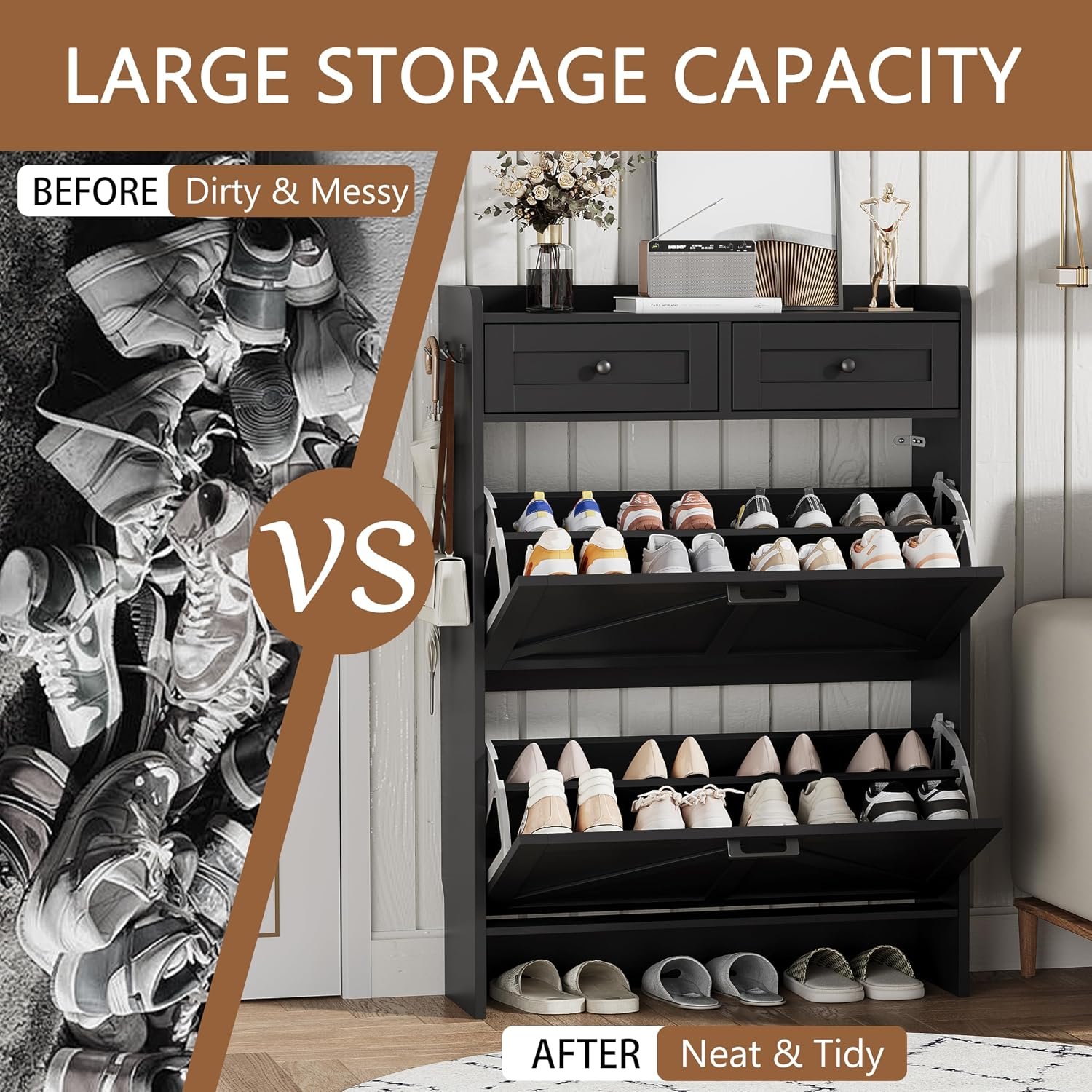 Shoe Cabinet with 2 Flip Drawers & 2 Top Drawers, 43" Tall Freestanding Narrow Wooden Shoe Storage Organizer for Entryway, Hidden Slim Shoe Rack for Front Door Entrance, Hallway, Living Room, Black - Image 7