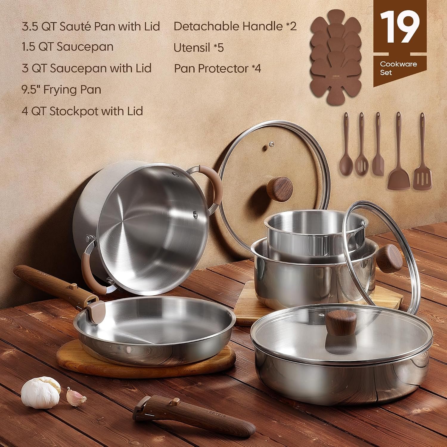 CAROTE 19pcs Tri-Ply Stainless Steel Cookware Set with Detachable Handle - Image 2
