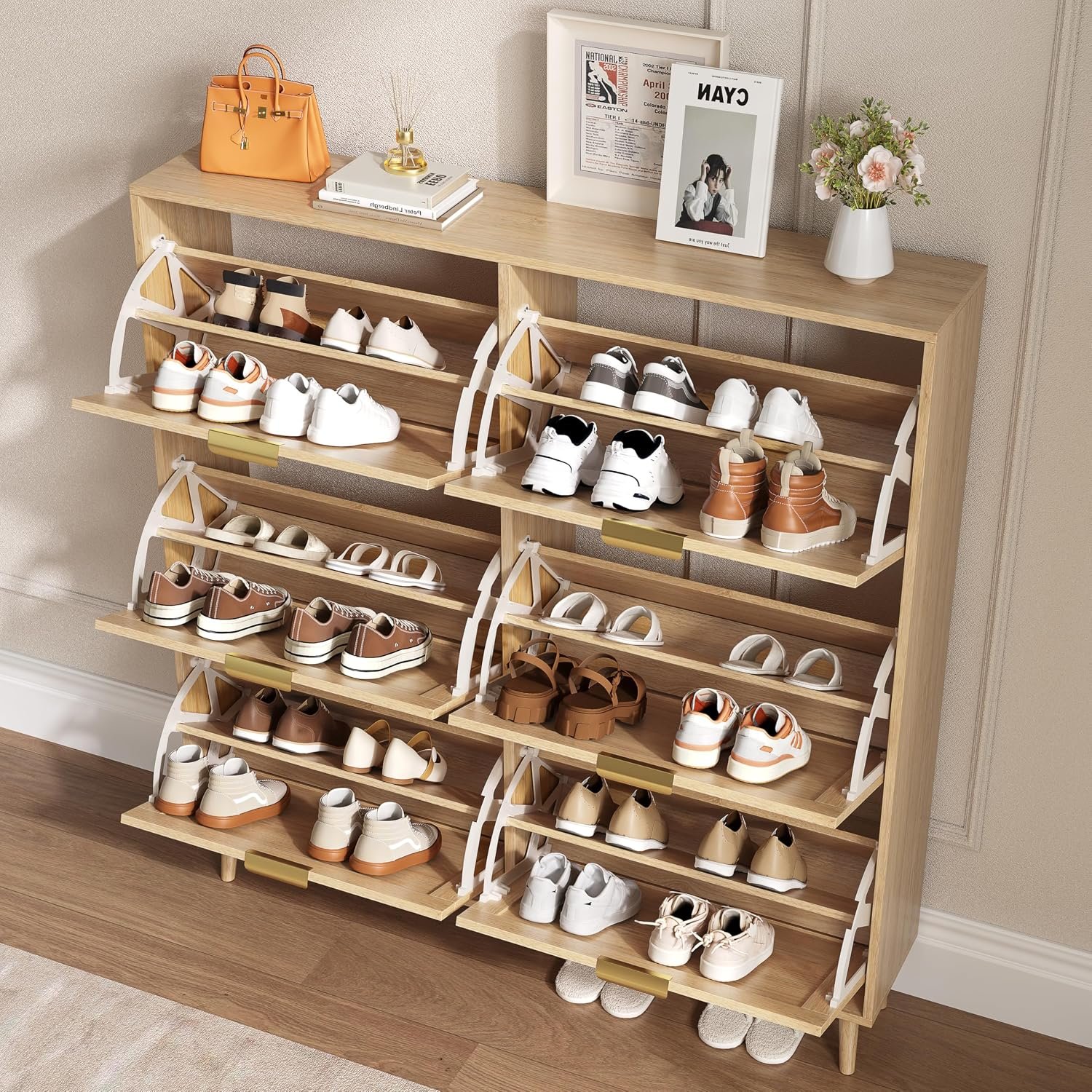 BORNOON Shoe Cabinet for Entryway with 6 Flip Drawers, Slim Wooden Shoe Storage Organizer with Modern Fluted Pannel,Freestanding Narrow Hidden Shoe Rack for Hallway, Foyer, Living Room - Image 3