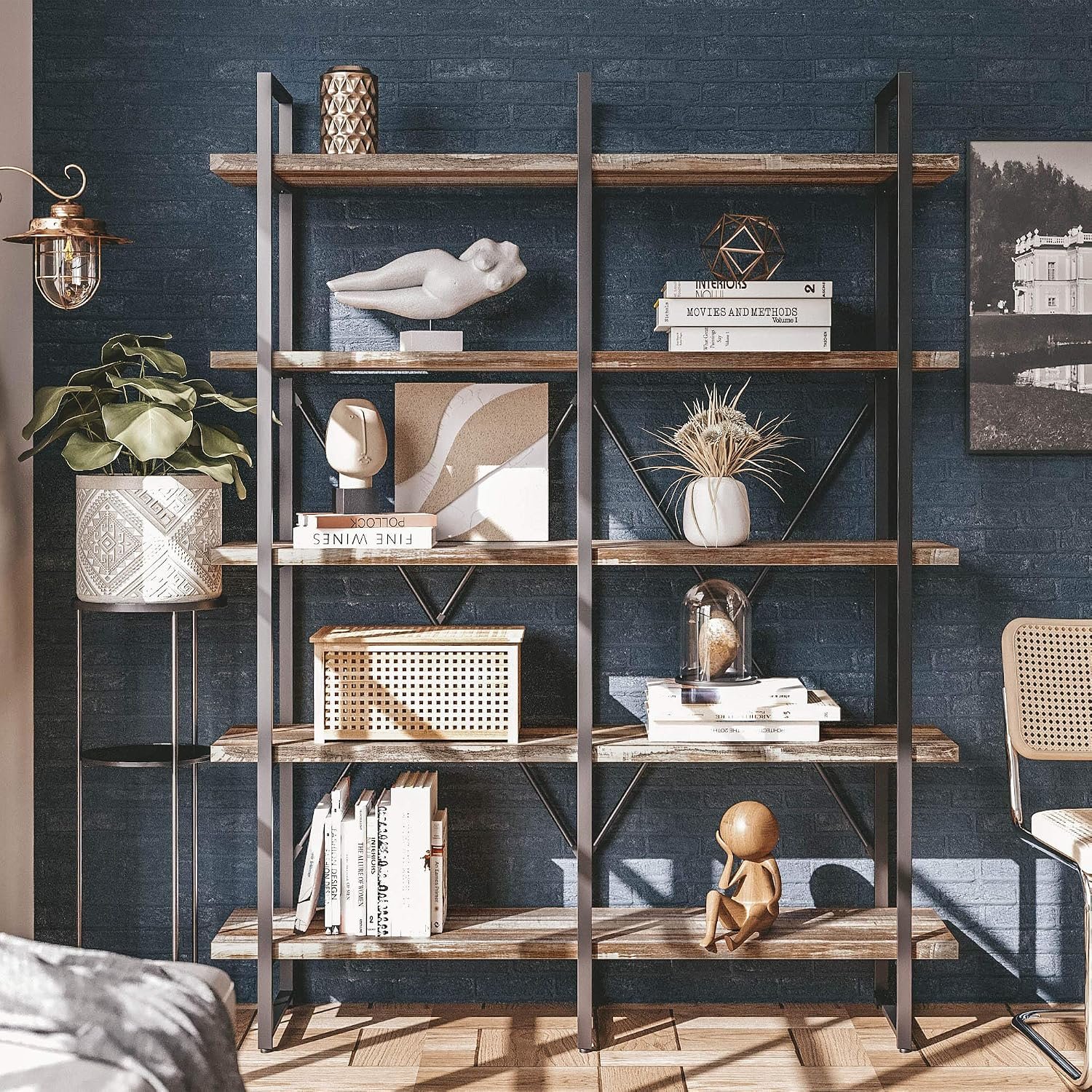 IRONCK Bookshelf, Double Wide 5-Tier Open Bookcase Vintage Industrial Large Shelves, Wood and Metal Etagere Bookshelves, for Home Decor Display, Office Furniture, 13D x 53.1W x 70H in - Image 7