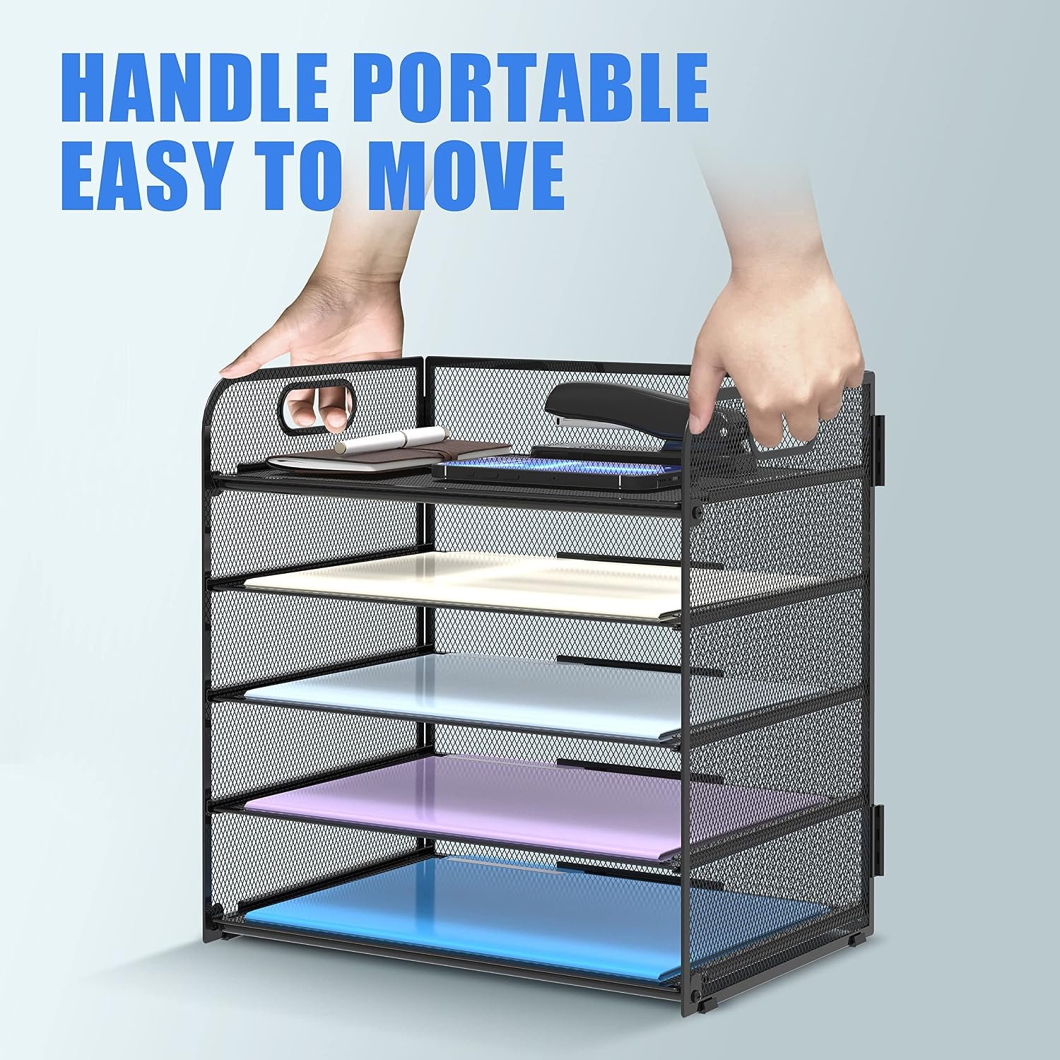 Supeasy 5 Trays Paper Organizer Letter Tray with Handle-Mesh Desk File Holders, Paper Sorter Desk Organizer for Office, Home, Classroom or School - Image 5