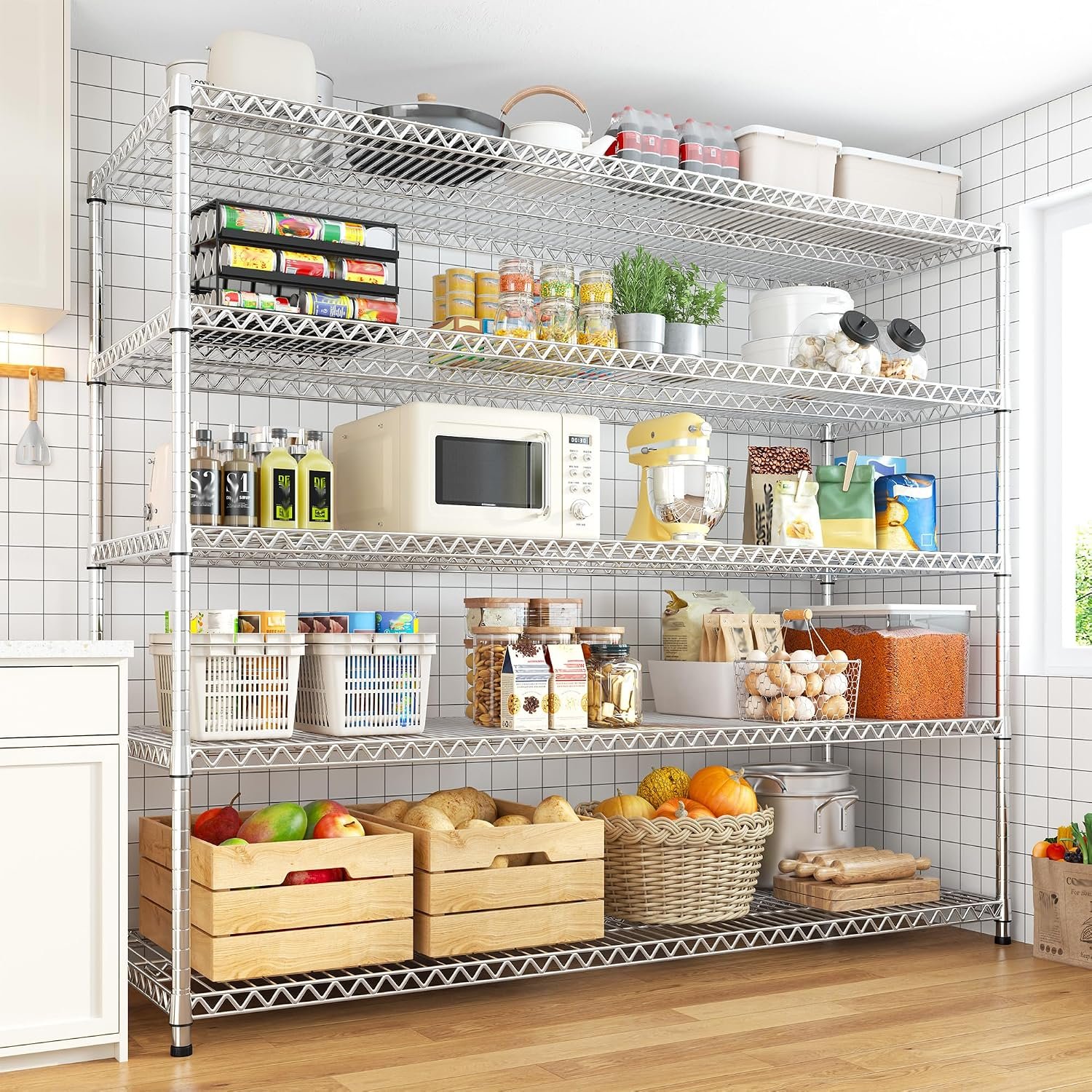 REIBII 55.5" W Storage Shelves 3200LBS Metal Shelving 5 Tier Wire Shelving Garage Shelving Heavy Duty Metal Shelves for Shelving Unit Commercial Adjustable Shelf, 55.5" W X 18''D X 71" H,Chrome - Image 7