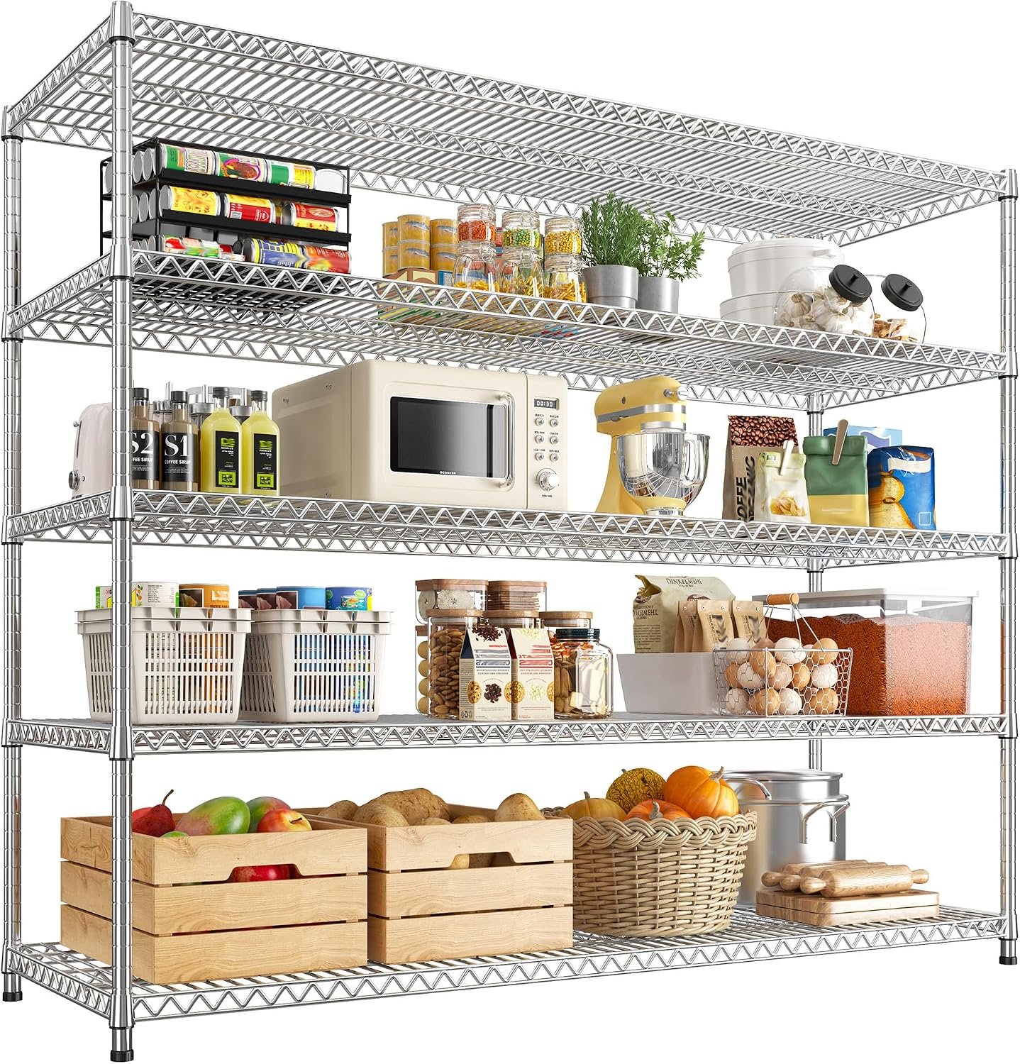 REIBII 55.5" W Storage Shelves 3200LBS Metal Shelving 5 Tier Wire Shelving Garage Shelving Heavy Duty Metal Shelves for Shelving Unit Commercial Adjustable Shelf, 55.5" W X 18''D X 71" H,Chrome
