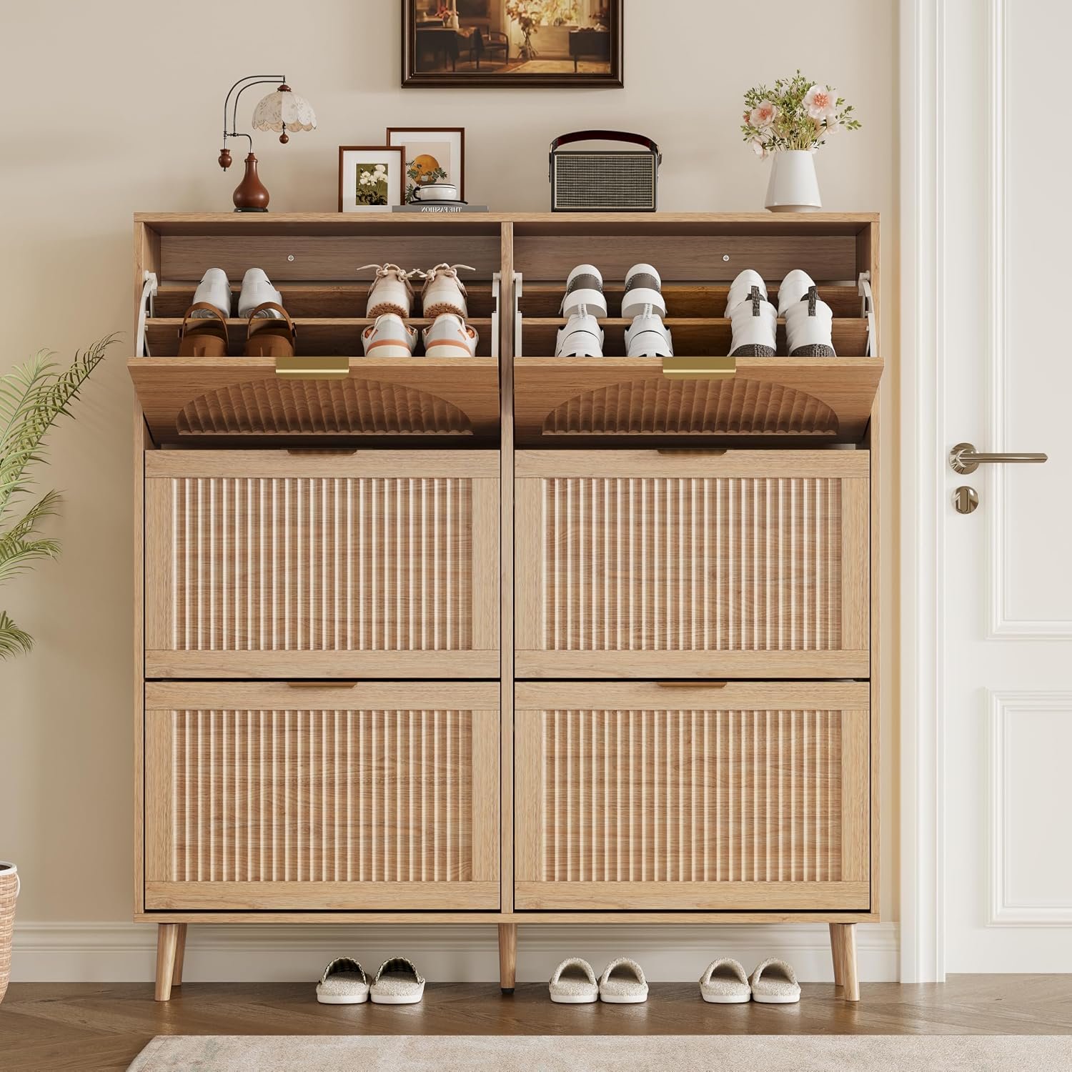BORNOON Shoe Cabinet for Entryway with 6 Flip Drawers, Slim Wooden Shoe Storage Organizer with Modern Fluted Pannel,Freestanding Narrow Hidden Shoe Rack for Hallway, Foyer, Living Room - Image 7