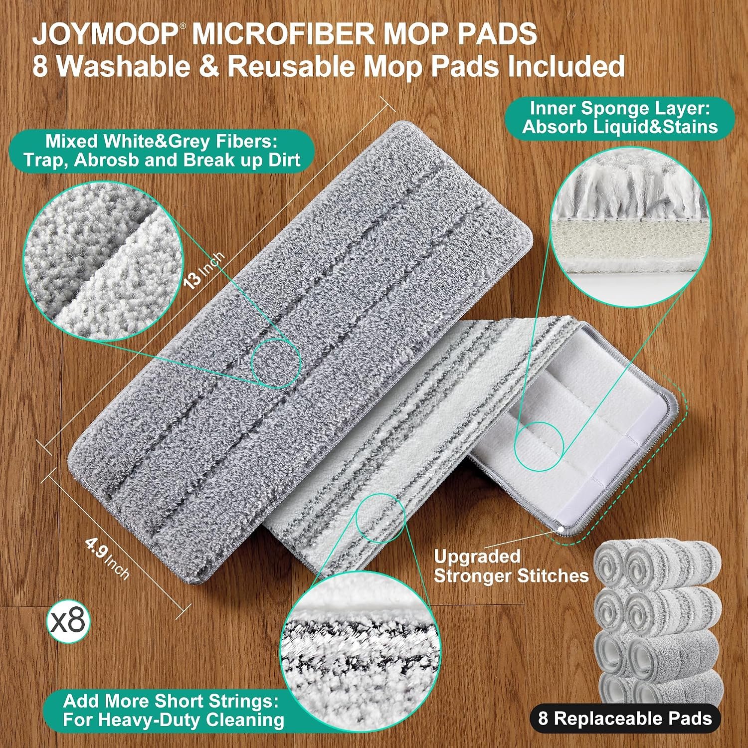 JOYMOOP Flat Mop System, Microfiber Mop and Bucket Set, White, Household & Commercial Floor Cleaning Mop with Long Handle, Wet Dry Use, Includes 8 Mop Pads - Image 7