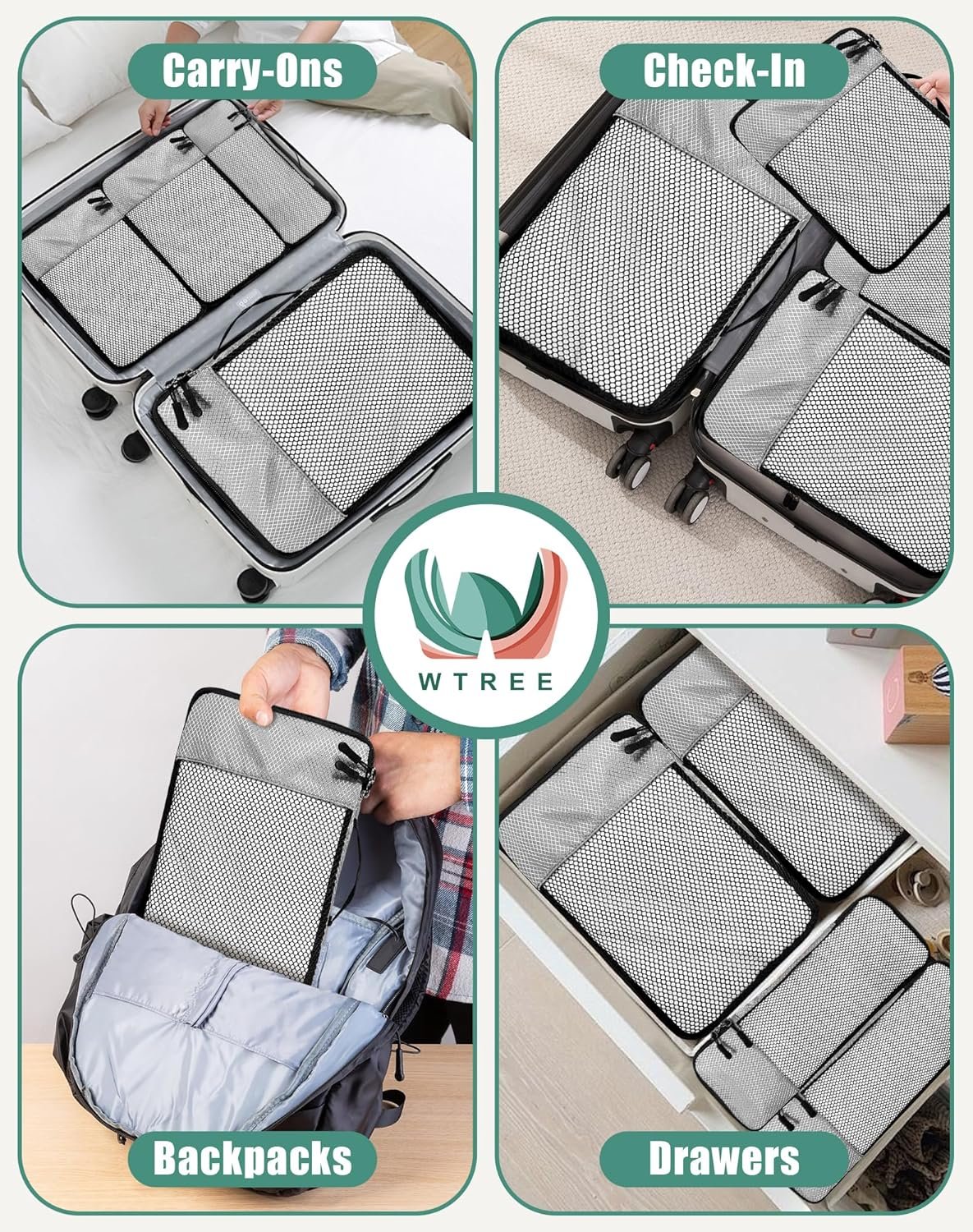 WTREE 4-Piece Packing Cubes Travel Accessories Set for Suitcases - Luggage Organizer Bags with Double Zipper - Mesh Top - Small/Medium/Large/Slim - Grey - Image 7