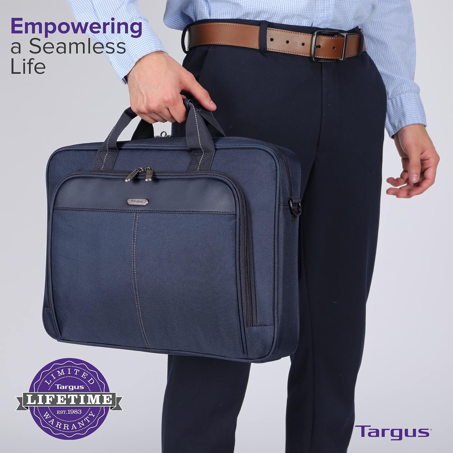 Targus 15-16 Inch Classic Slim Laptop Bag, Blue - Ergonomic Briefcase and Messenger Bag - Spacious Foam Padded Laptop Bag for 16" Laptops and Under (TCT027US) - Image 6