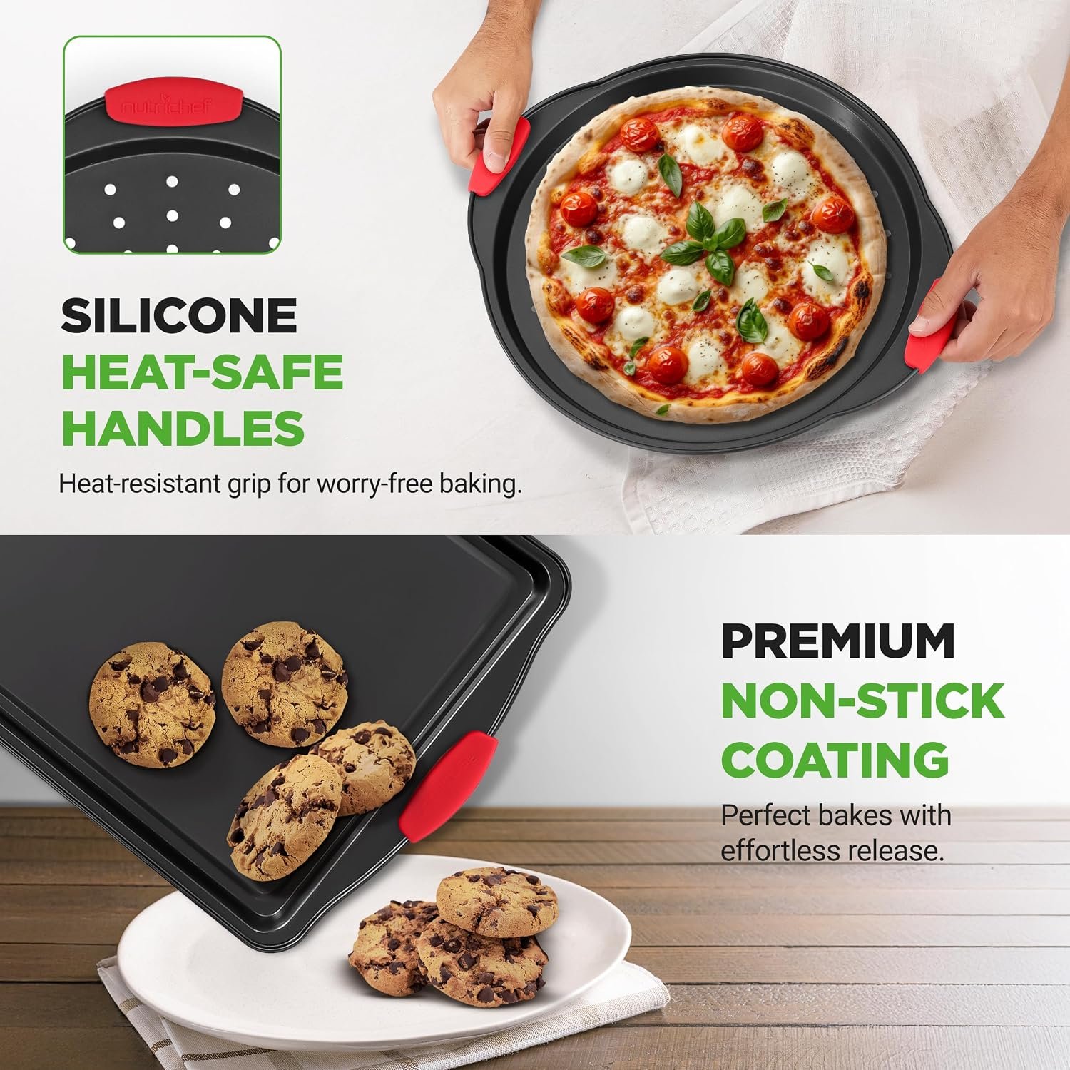 NutriChef 10-Piece Nonstick Kitchen Oven Baking Pans - Premium & Stylish Non-Stick Carbon Steel - Commercial Grade Restaurant Quality Metal Bakeware with Silicone Handles - Easy to Clean, NCSBS10S - Image 5