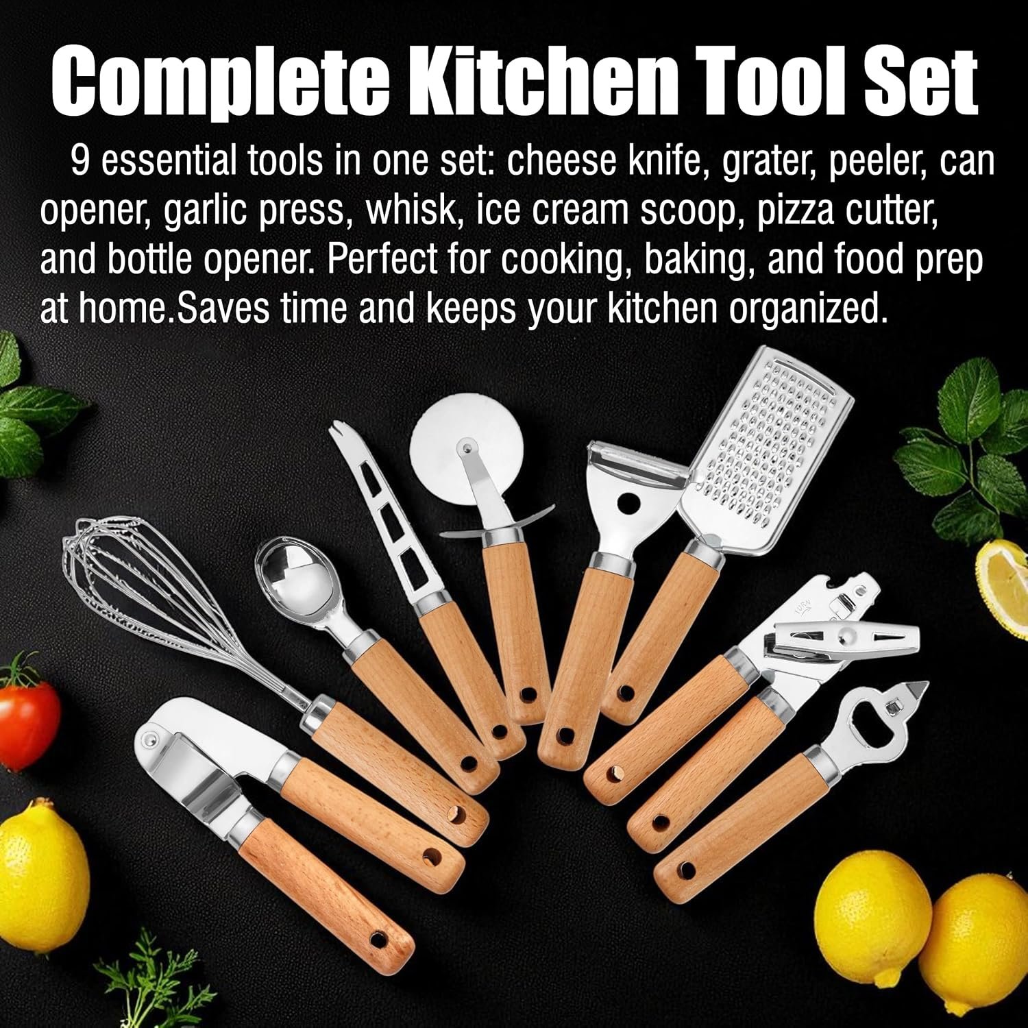 Stainless Steel Kitchen Gadget Set – 9 PCS Western Cooking Utensil & Tool with Wooden Handle: Pizza Cutter, Garlic Press, Can and Bottle Opener, Ice Cream Scoop, Peeler, Cheese Grater and Knife, Whisk - Image 2