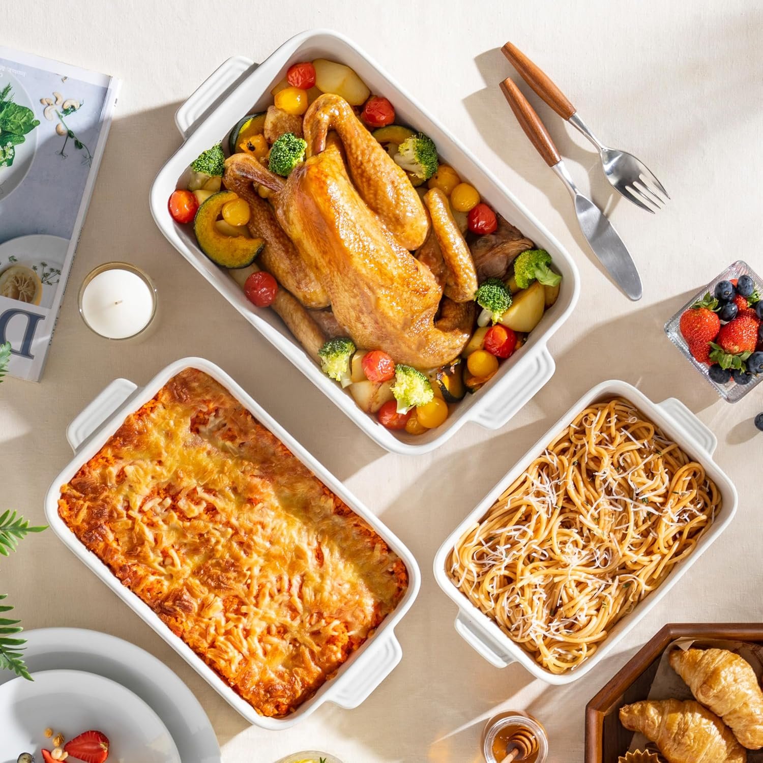 MALACASA Casserole Dishes for Oven, Ceramic Baking Dishes Set of 3, Baking Pan Casserole Dish Set, Rectangular Lasagna Pan Deep with Handles for Baking, Khaki White (14.5''/13''/10.5''), Series TARA - Image 8