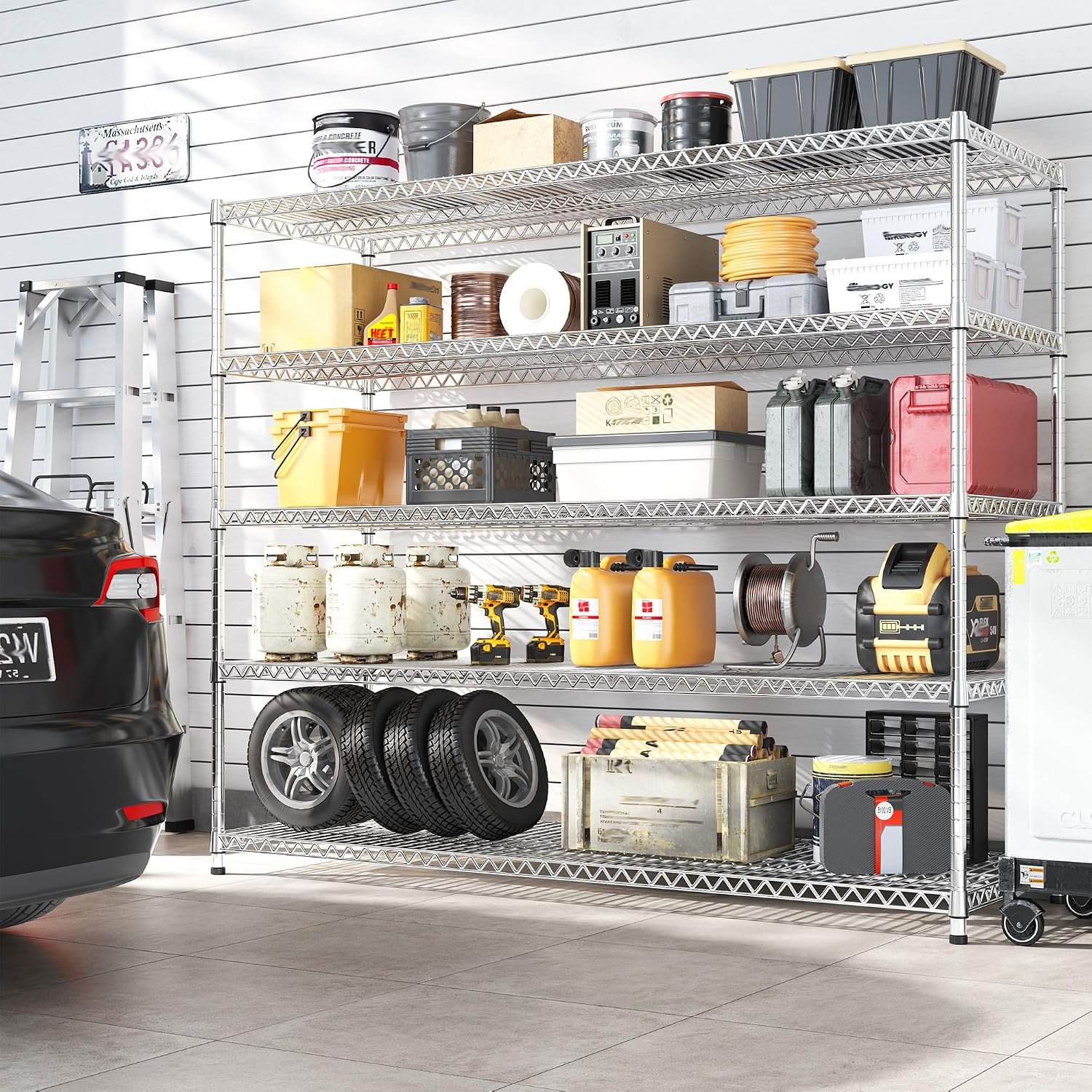REIBII 55.5" W Storage Shelves 3200LBS Metal Shelving 5 Tier Wire Shelving Garage Shelving Heavy Duty Metal Shelves for Shelving Unit Commercial Adjustable Shelf, 55.5" W X 18''D X 71" H,Chrome - Image 2