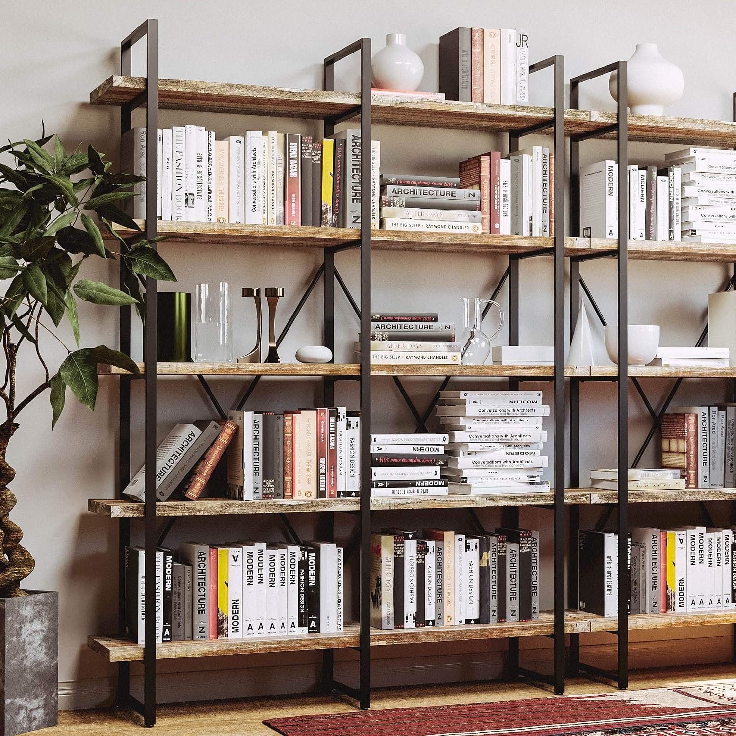 IRONCK Bookshelf, Double Wide 5-Tier Open Bookcase Vintage Industrial Large Shelves, Wood and Metal Etagere Bookshelves, for Home Decor Display, Office Furniture, 13D x 53.1W x 70H in - Image 3