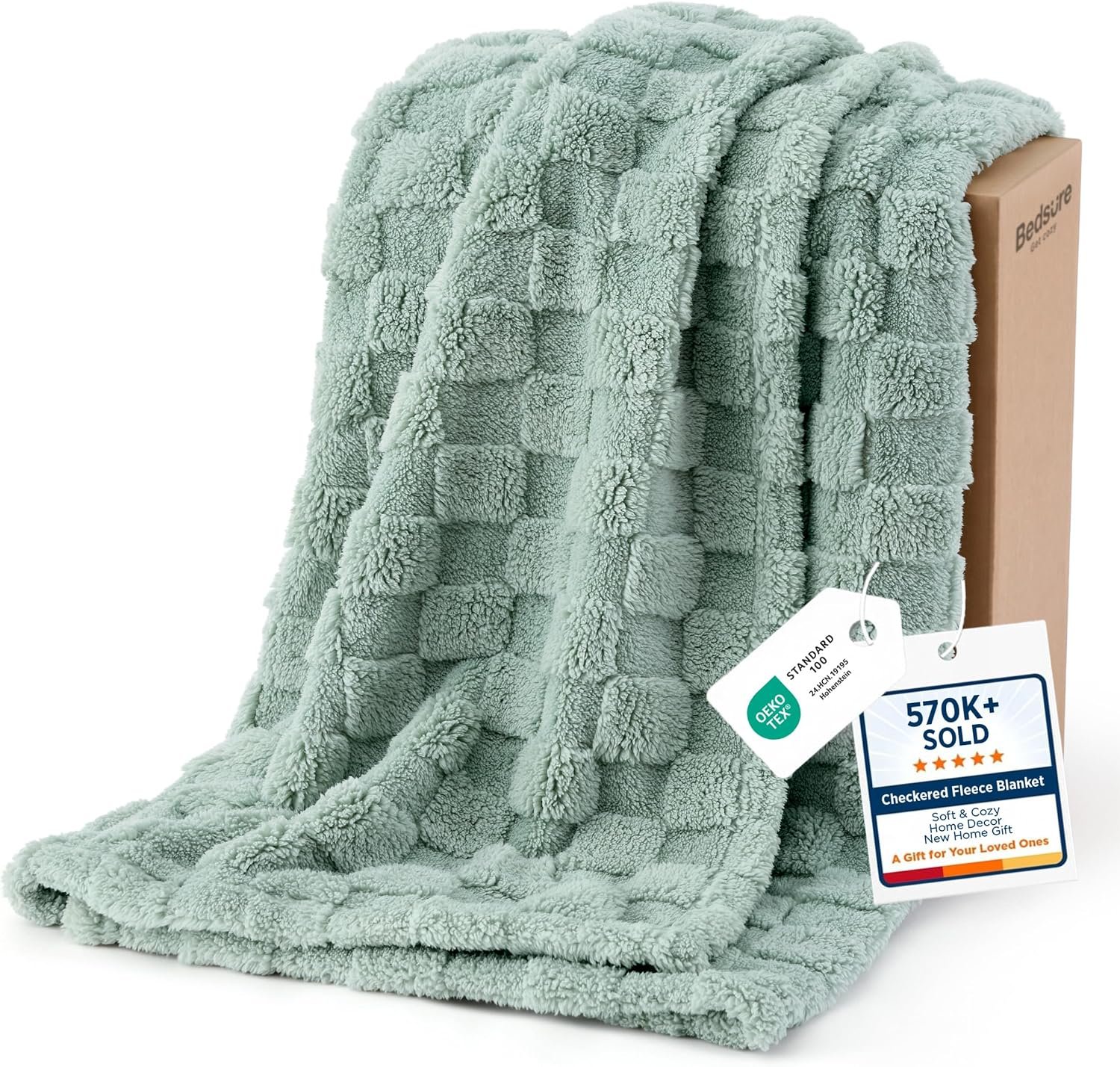 Bedsure Checkered Fleece Throw Blanket,Cute Home Decor,Sage Green,50"×60"