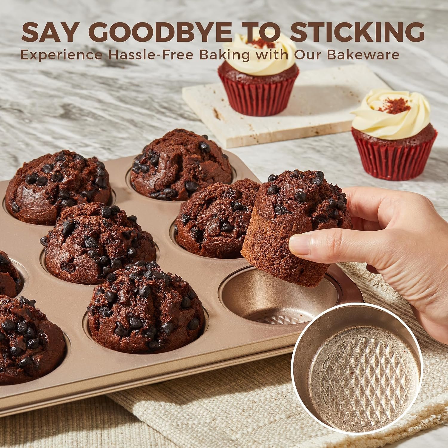 HONGBAKE 9-Piece Baking Pans Set Nonstick, Stackable Non Toxic Bakeware Sets with Diamond Texture, Oven Pan Set for Cooking, Includes Cookie Sheet with Rack, Cake Pan, Roasting Pan, Muffin Tin, Gold - Image 7