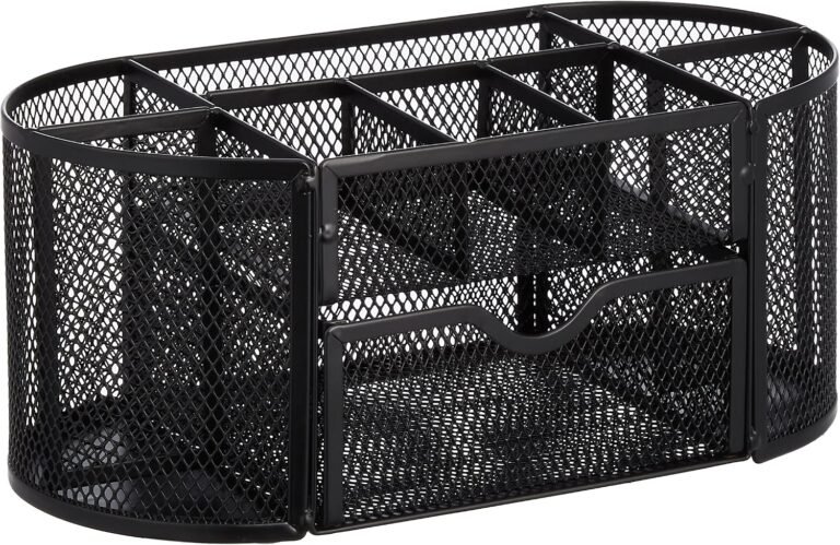 Amazon Basics Mesh Desk Organizer with Pen Holder, Pullout Drawer and Office Caddy Storage, 9.25" x 4.53" x 3.94", Black