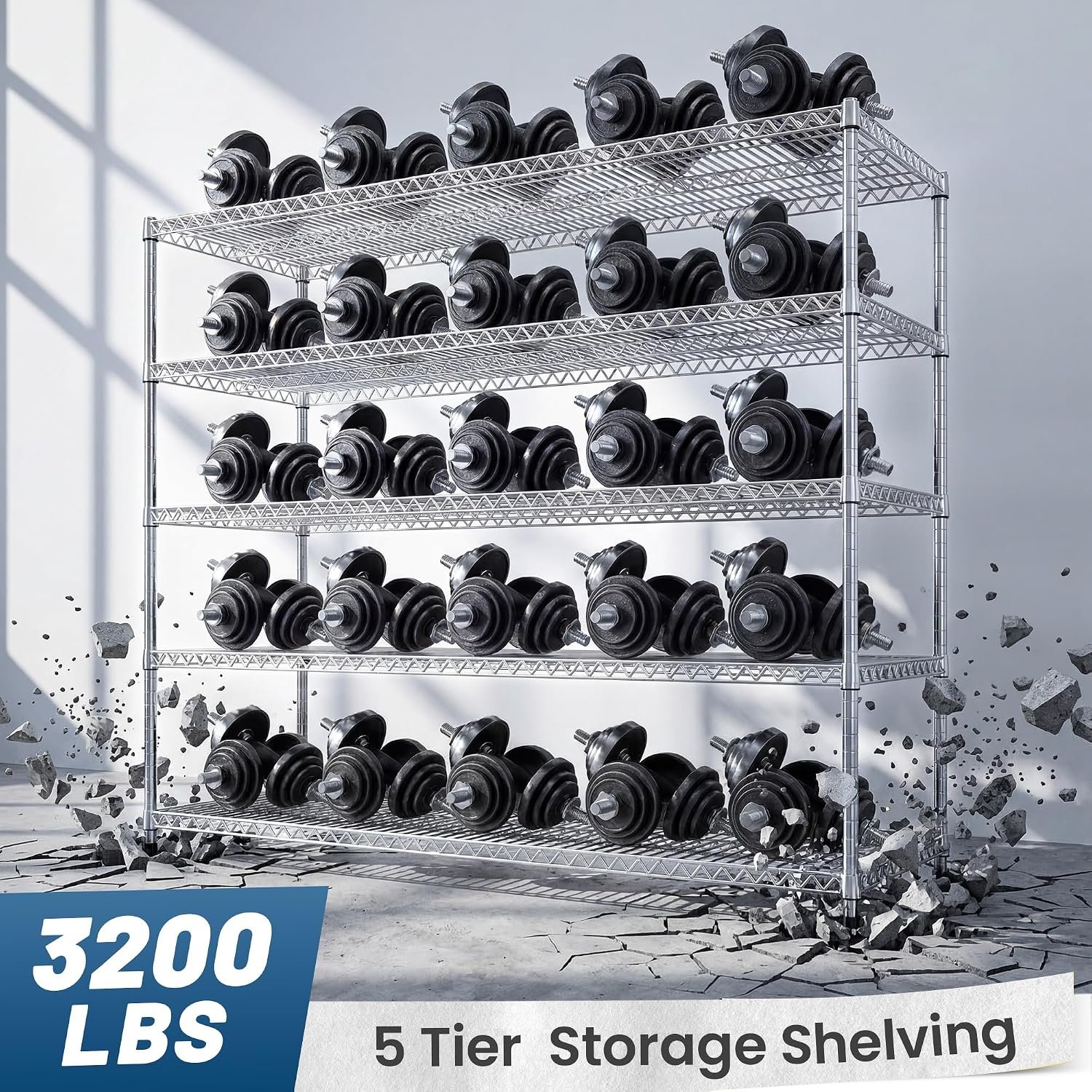 REIBII 55.5" W Storage Shelves 3200LBS Metal Shelving 5 Tier Wire Shelving Garage Shelving Heavy Duty Metal Shelves for Shelving Unit Commercial Adjustable Shelf, 55.5" W X 18''D X 71" H,Chrome - Image 4
