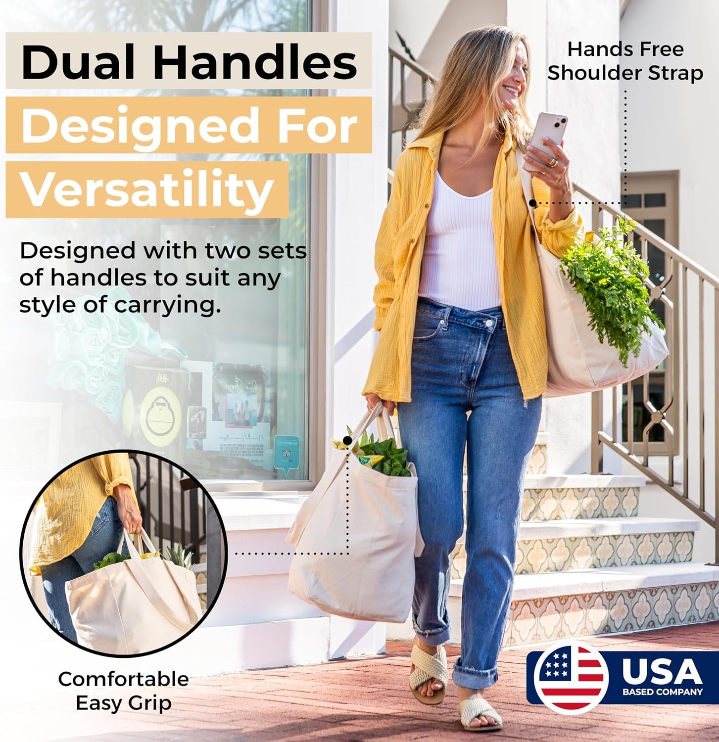 VeraMia Canvas Grocery Bag 3pc XL Set with Real Pockets, Long Shoulder Strap and Short Handle. Heavy Duty, Foldable, Washable - Image 2