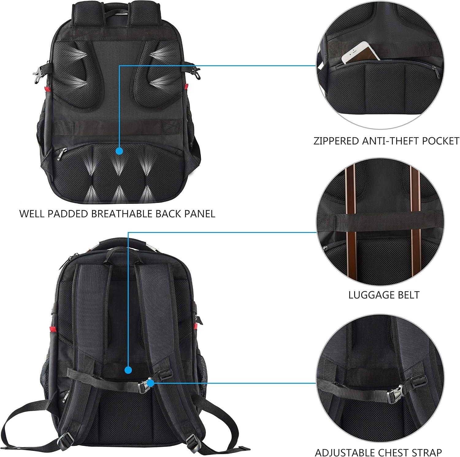KROSER Travel Laptop Backpack 17.3 Inch XL Computer Backpack with Hard Shell Saferoom RFID Pockets Water-Repellent Business College Daypack Stylish Bag for Men/Women-Black - Image 7