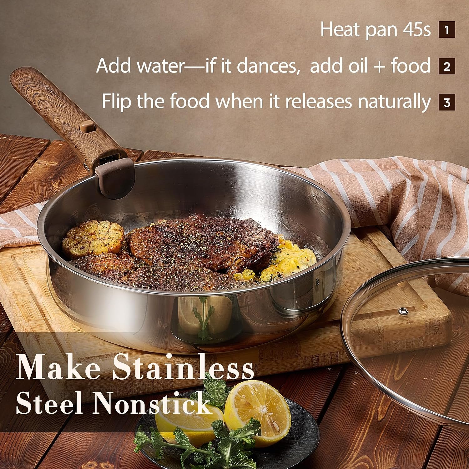 CAROTE 19pcs Tri-Ply Stainless Steel Cookware Set with Detachable Handle - Image 4