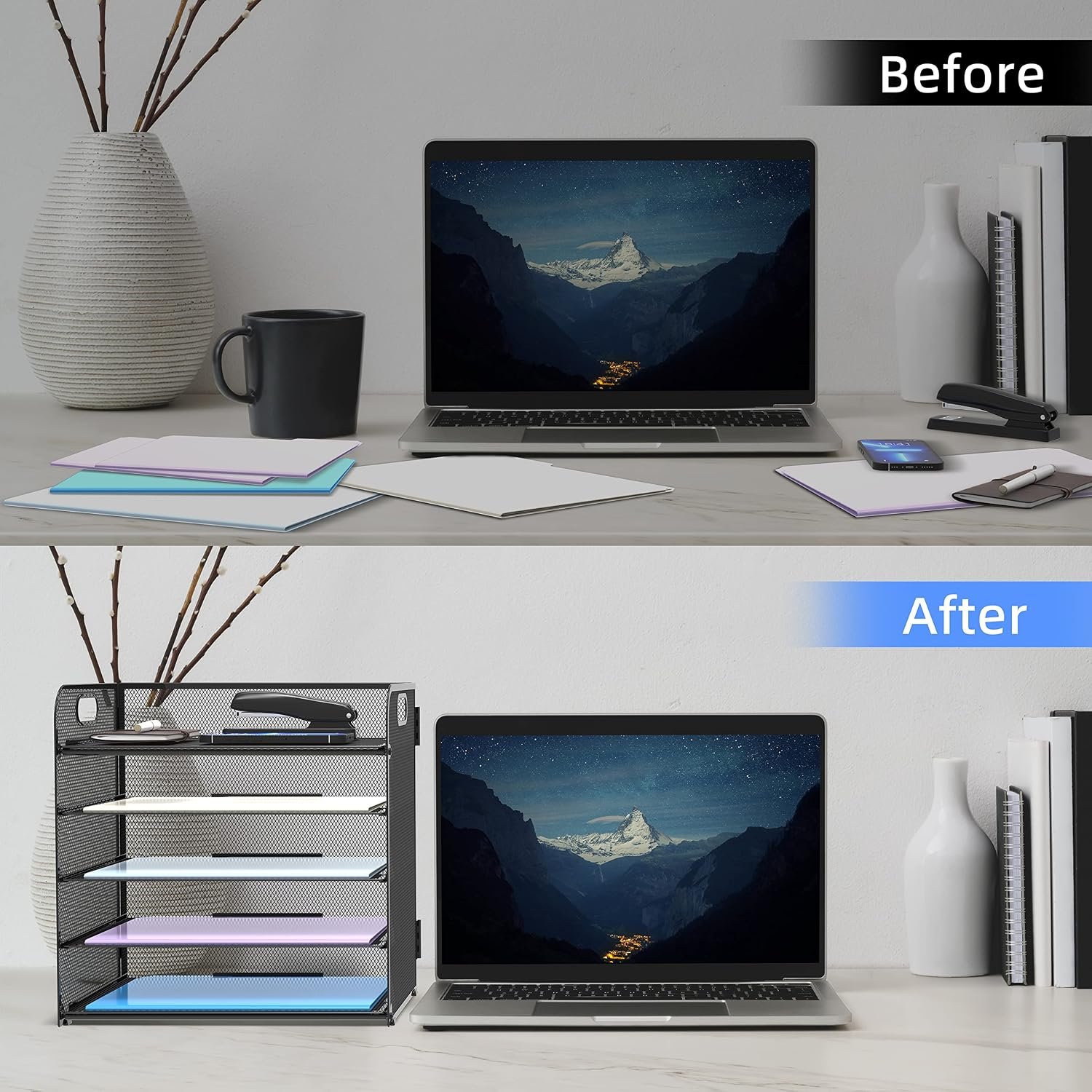 Supeasy 5 Trays Paper Organizer Letter Tray with Handle-Mesh Desk File Holders, Paper Sorter Desk Organizer for Office, Home, Classroom or School - Image 4