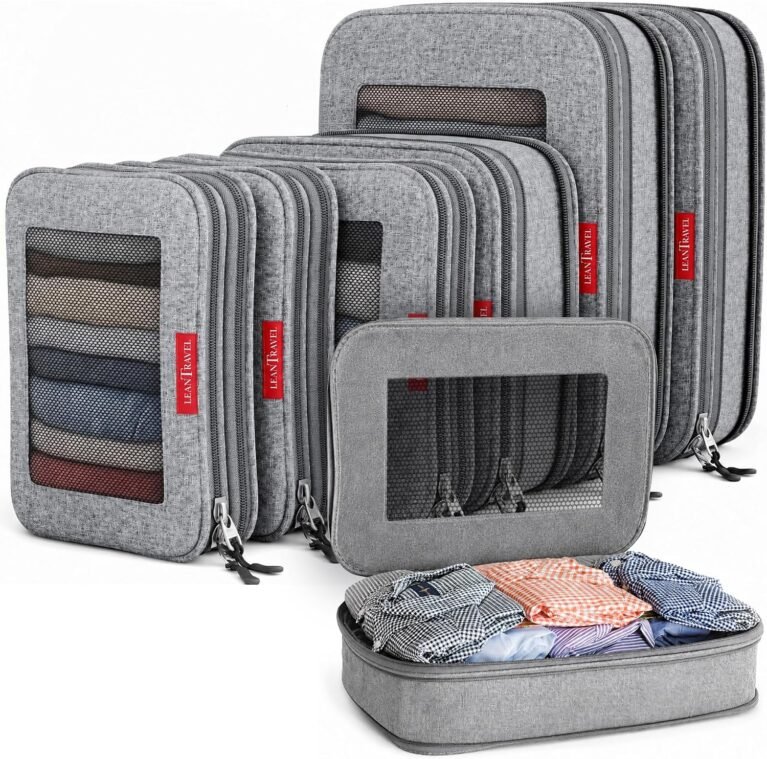 LeanTravel Premium Compression Packing Cubes for Travel - Suitcase Organizer Bags with Double Zipper & Breathable Mesh Panel - Space Saving Carry On Luggage Essentials (6-Pack, Grey)