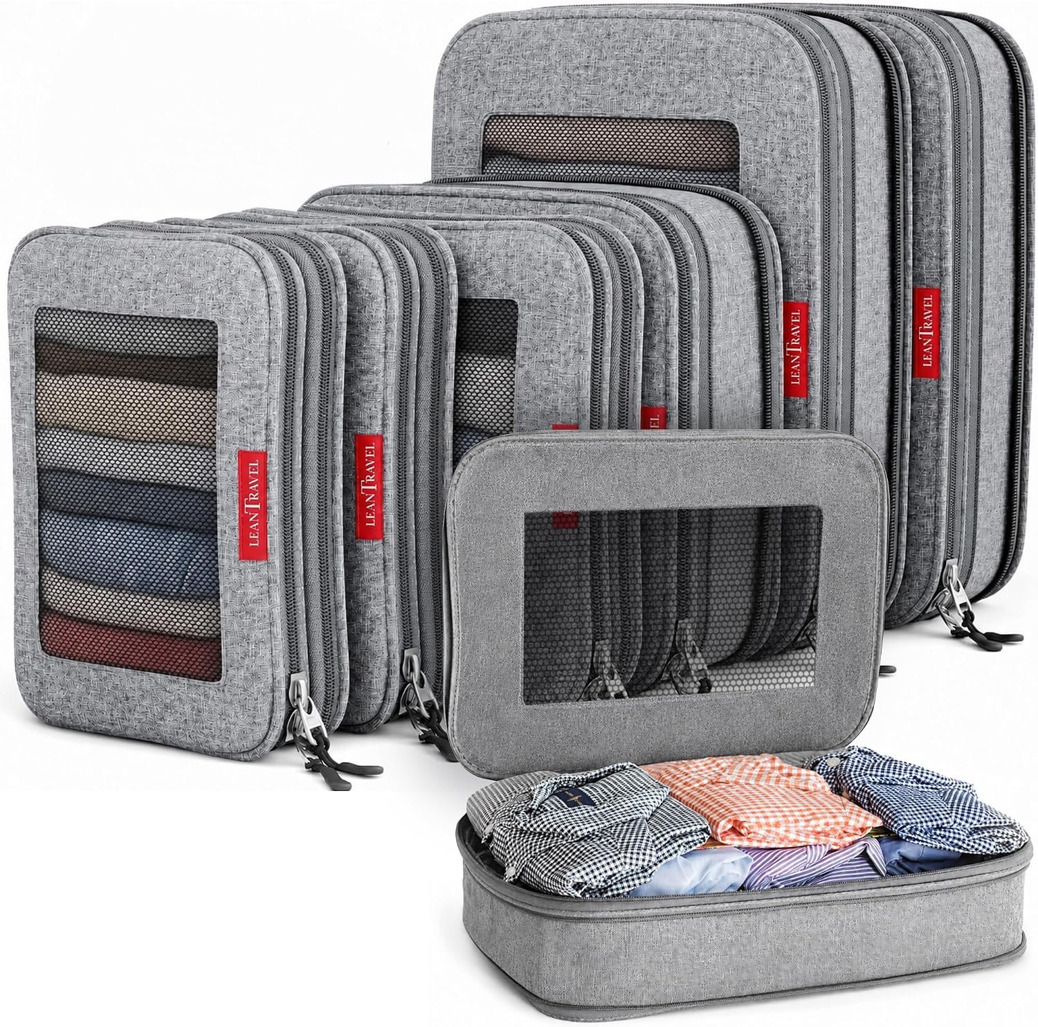 LeanTravel Premium Compression Packing Cubes for Travel - Suitcase Organizer Bags with Double Zipper & Breathable Mesh Panel - Space Saving Carry On Luggage Essentials (6-Pack, Grey)