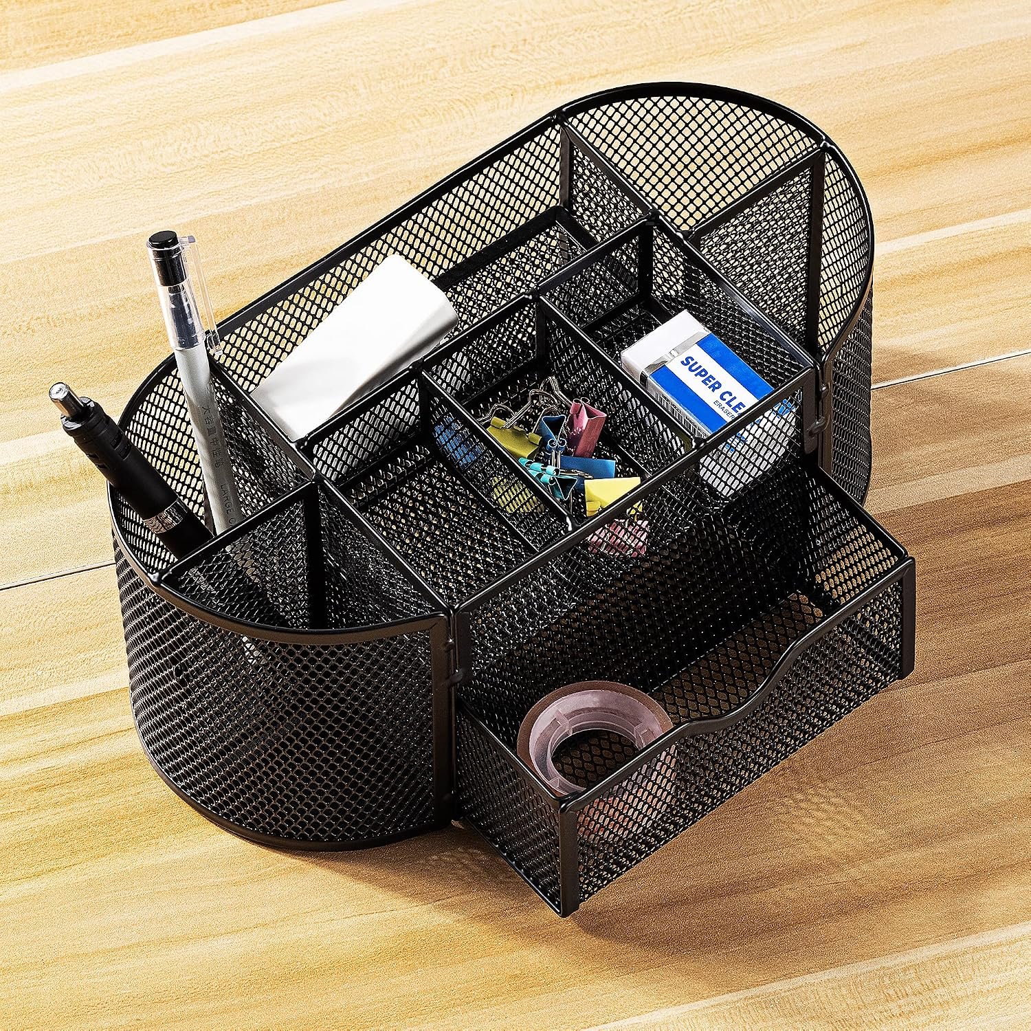 Amazon Basics Mesh Desk Organizer with Pen Holder, Pullout Drawer and Office Caddy Storage, 9.25" x 4.53" x 3.94", Black - Image 6