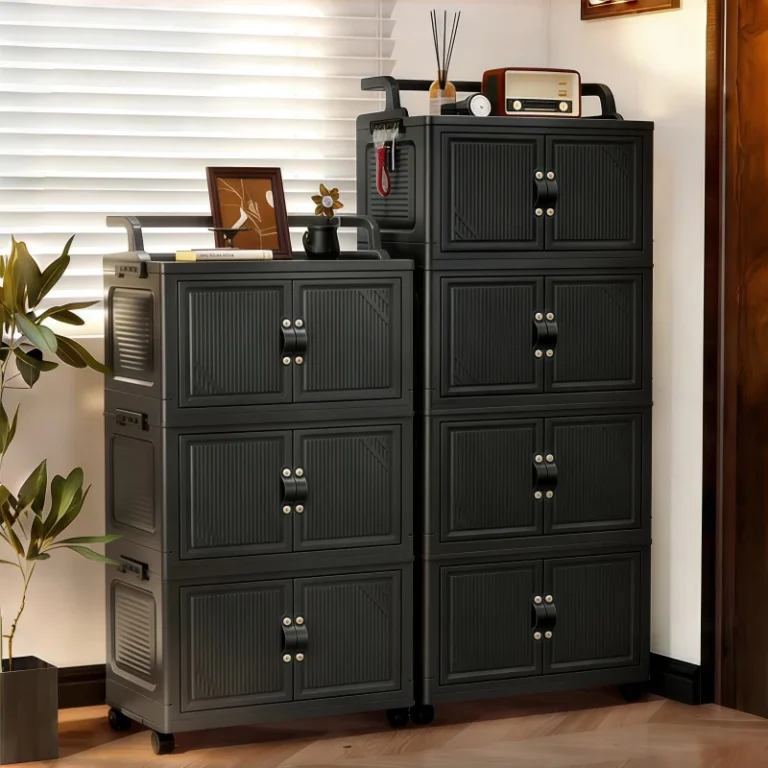 3/4/5 Tier Foldable Storage Cabinet with Wheels, Stackable Plastic Storage Bins with Double Doors, Collapsible Rolling Organizer with Handle & Hooks for Kitchen, Bedroom, Office, Black