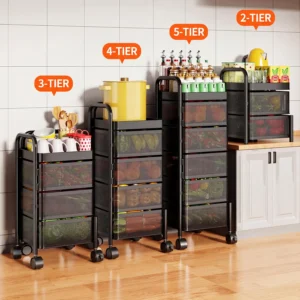 4/5-Tier Thickened Carbon Steel Rotating Storage Cart With Wheels, Mobile Produce Basket Utility Rack Organizer, No Assembly