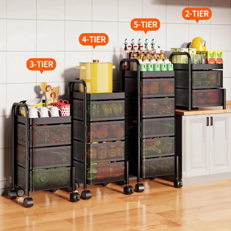 4/5-Tier Thickened Carbon Steel Rotating Storage Cart With Wheels, Mobile Produce Basket Utility Rack Organizer, No Assembly