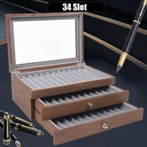 Pen Storage Case 34 Slots Walnut Wood Cabinet With Drawer Student Stationery Pen Display Show Gift Case