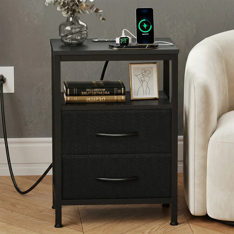 JHK 2 Fabric Drawers Night Stand with Open Shelf Bedside Table with USB Ports Charging Station Storage End Table for Living Room