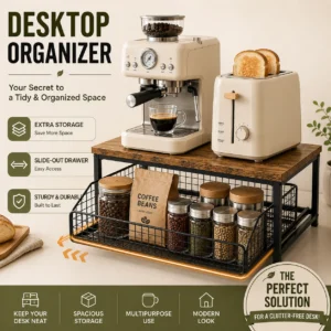 Pull Out Kitchen Counter Organizer with Sliding Wire Basket, Rustic Wood Countertop Storage Shelf for Coffee Station, Spice Rack, Pantry & Bathroom Organization