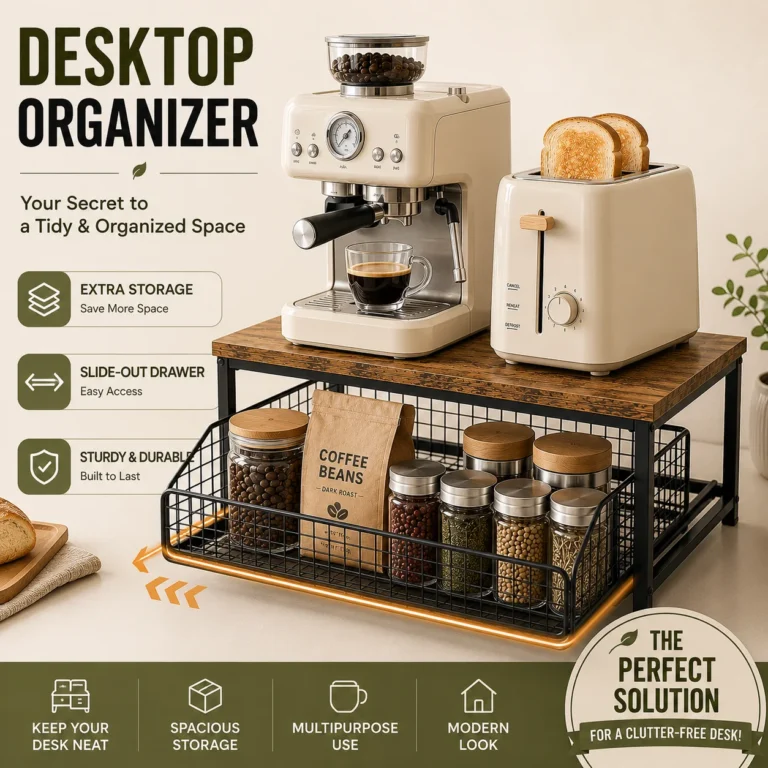 Pull Out Kitchen Counter Organizer with Sliding Wire Basket, Rustic Wood Countertop Storage Shelf for Coffee Station, Spice Rack, Pantry & Bathroom Organization