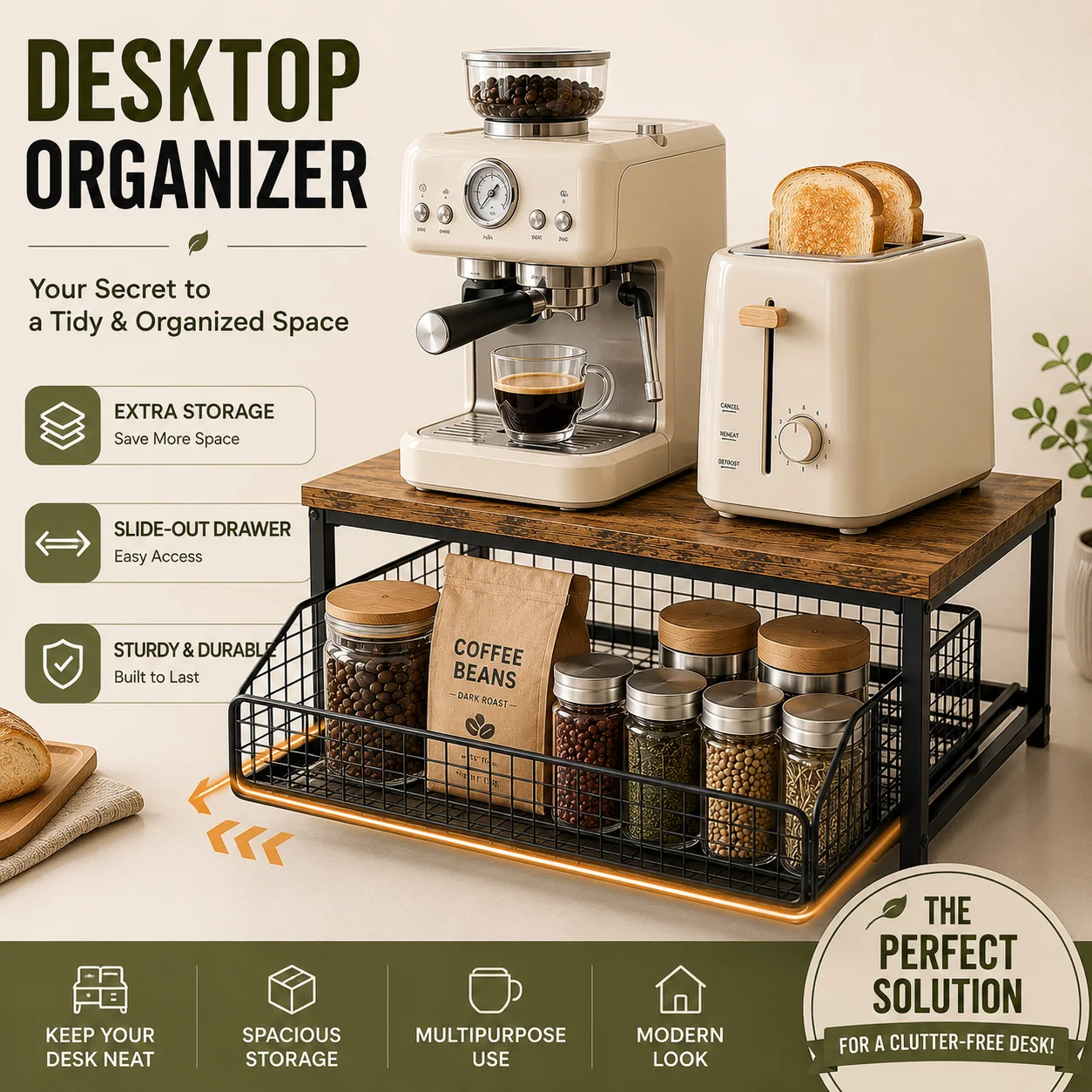 Pull Out Kitchen Counter Organizer with Sliding Wire Basket, Rustic Wood Countertop Storage Shelf for Coffee Station, Spice Rack, Pantry & Bathroom Organization