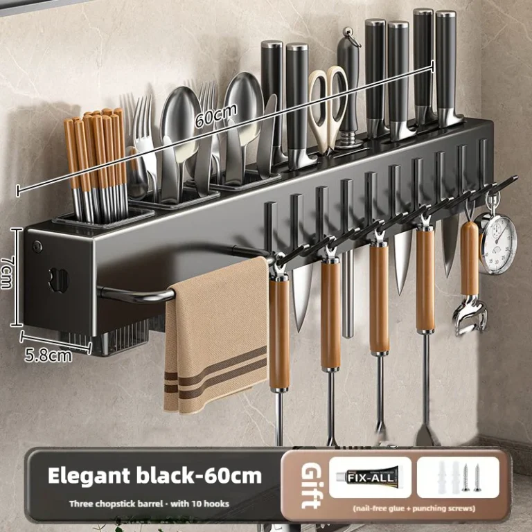 Heavy Duty Carbon Steel No Drill Wall Mount Kitchen Organizer Knife Rack for Knives Utensils Cutting Boards Space Saving Storage Shelf