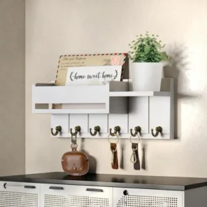 Wooden Wall Mounted Key Holder with 6 Hooks Storage Shelf Multifunctional Mail Sorter Entryway Organizer Rack Decorative Key Hanger for Hallway Door Living Room Space Saving Home Decor Accessories