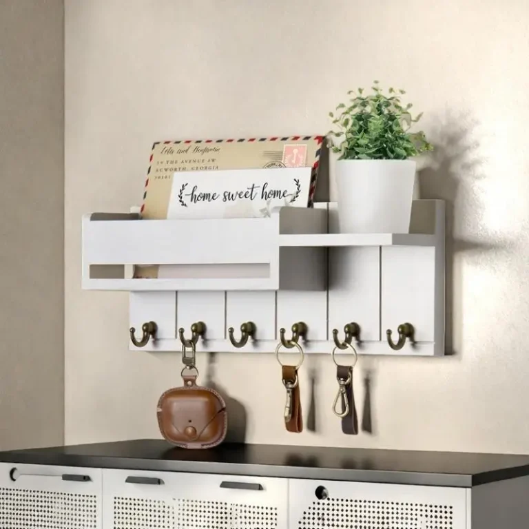 Wooden Wall Mounted Key Holder with 6 Hooks Storage Shelf Multifunctional Mail Sorter Entryway Organizer Rack Decorative Key Hanger for Hallway Door Living Room Space Saving Home Decor Accessories