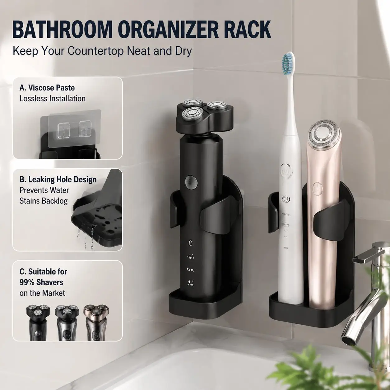 Electric Toothbrush Holder Wall Mounted Self Adhesive No Drilling Razor Stand Shaver Support Rack Bathroom Organizer Storage Hook Punch Free Shower Accessories Multifunctional Waterproof Space Saving Rustproof for Men Women Bathroom Kitchen
